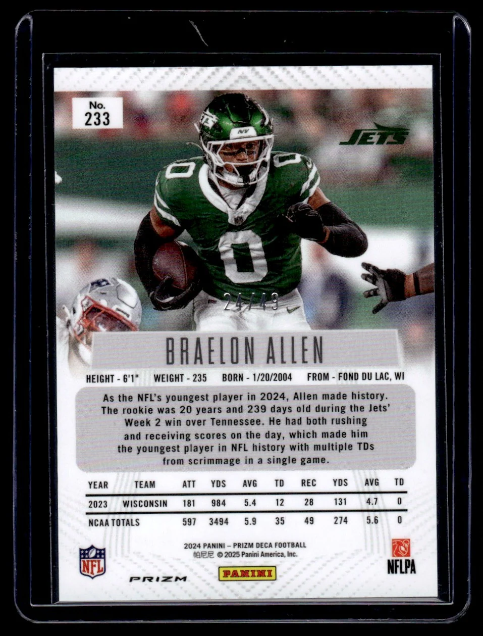 2024 Panini Prizm Deca Orange Braelon Allen #233 RC /49 - Image 2