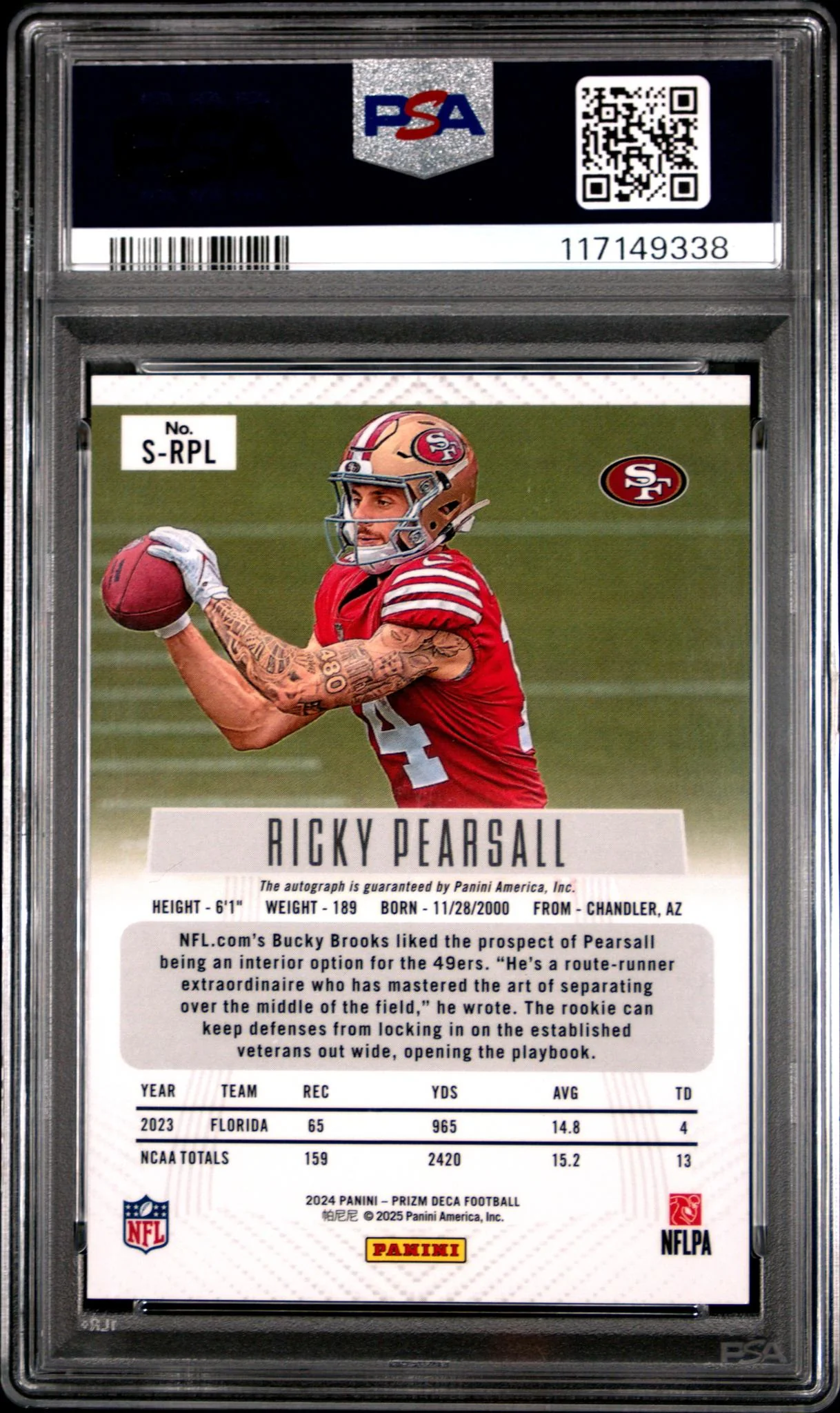 2024 Panini Prizm Deca Signatures Ricky Pearsall #S-RPL PSA 8 - Image 2