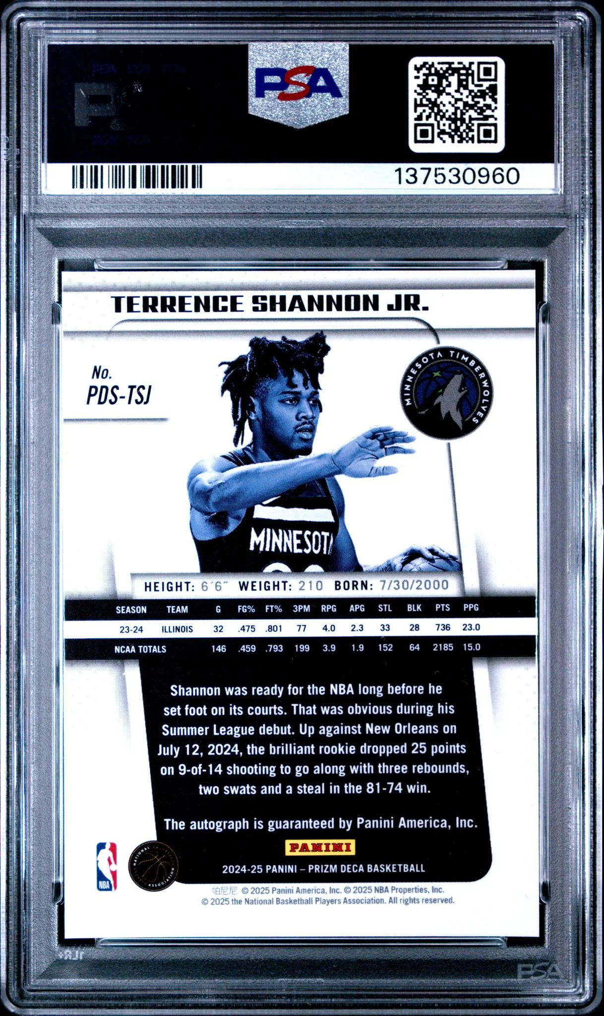 2024 Panini Prizm Deca Signatures Terrence Shannon Jr. #PDSTSJ PSA 9 - Image 2