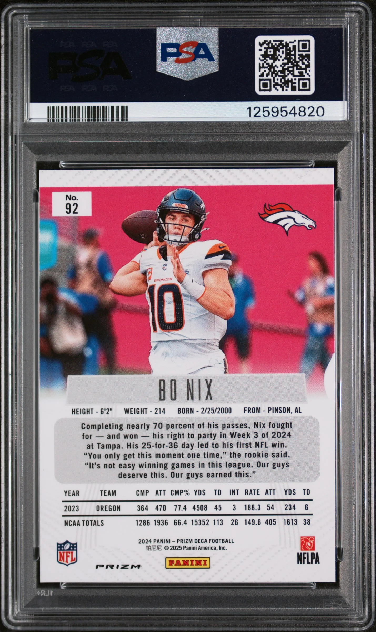 2024 Panini Prizm Deca Silver Prizm Bo Nix #92 PSA 8 - Image 2
