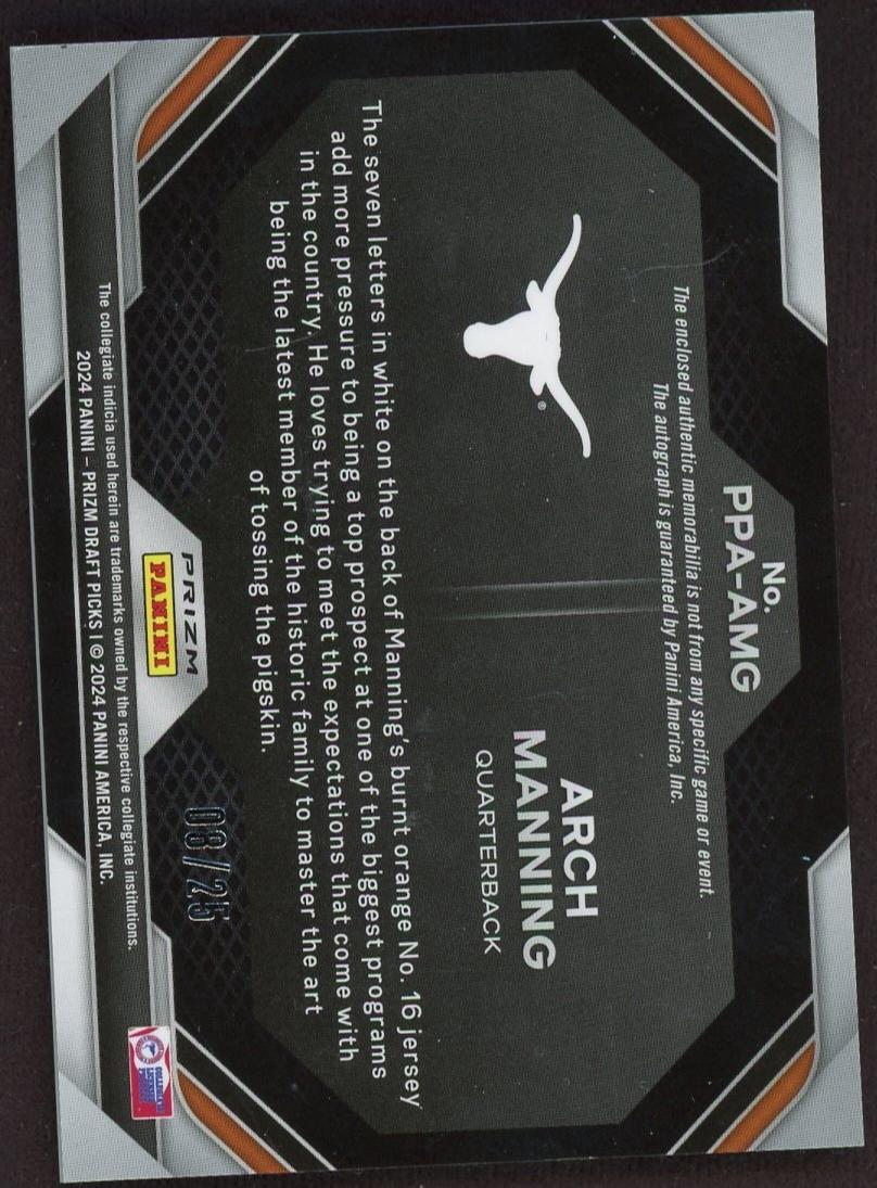 2024 Panini Prizm Draft Picks Arch Manning #PPA-AMG Patch Auto /25 - Image 2