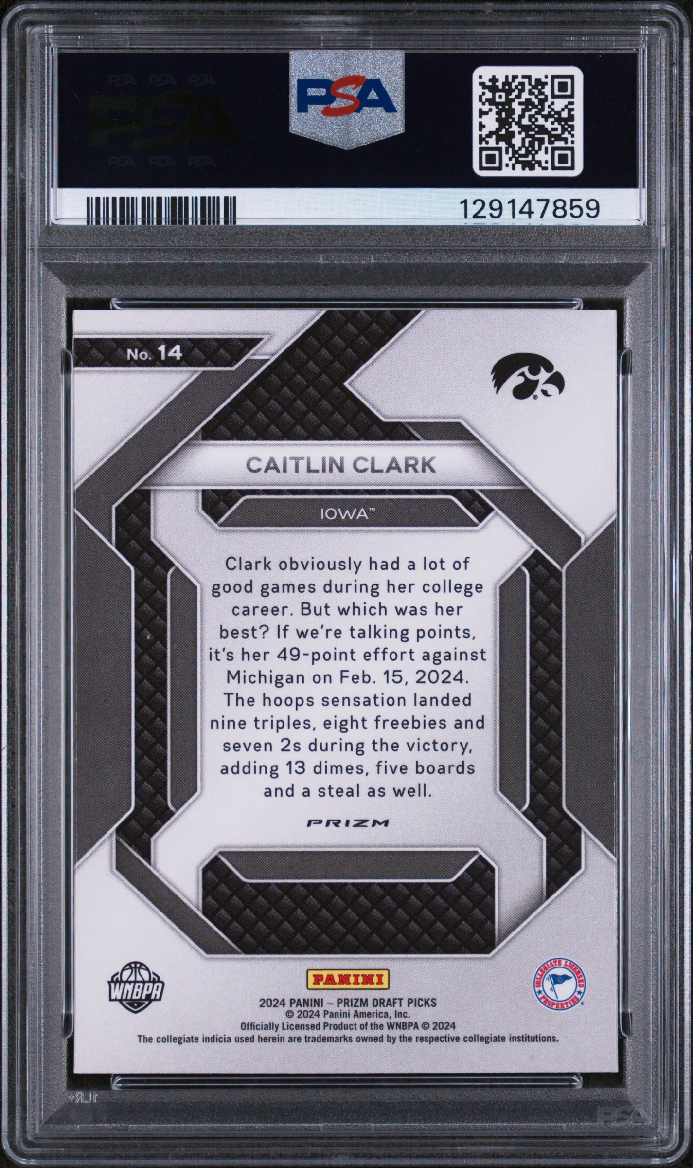 2024 Panini Prizm Draft Picks New Recruits Silver Prizm Caitlin Clark #14 PSA 9 - Image 2