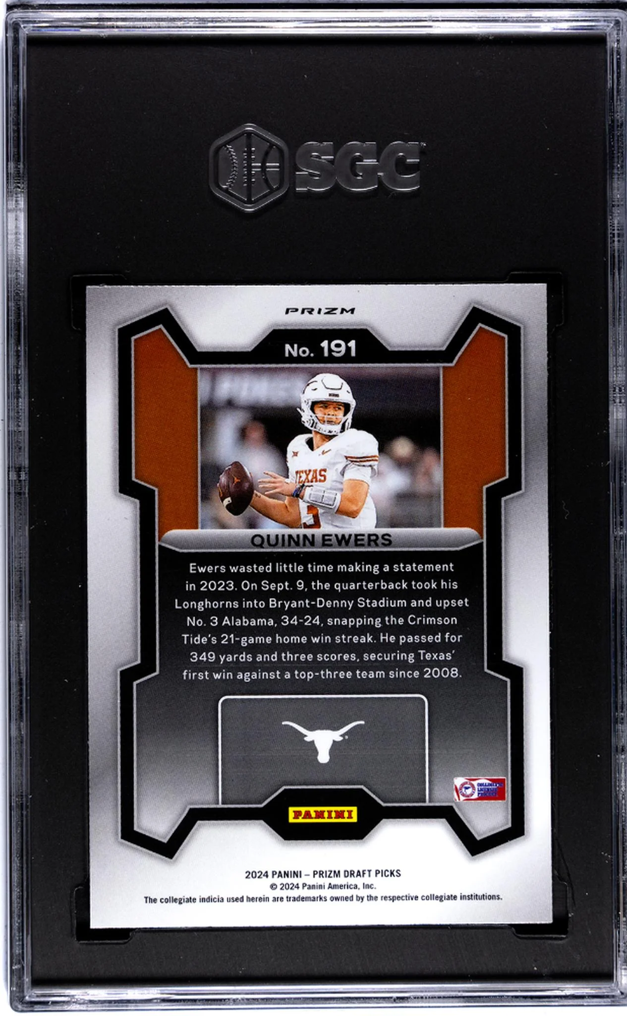2024 Panini Prizm Draft Picks Red Ice Prizm Quinn Ewers #191 SGC 10 - Image 2