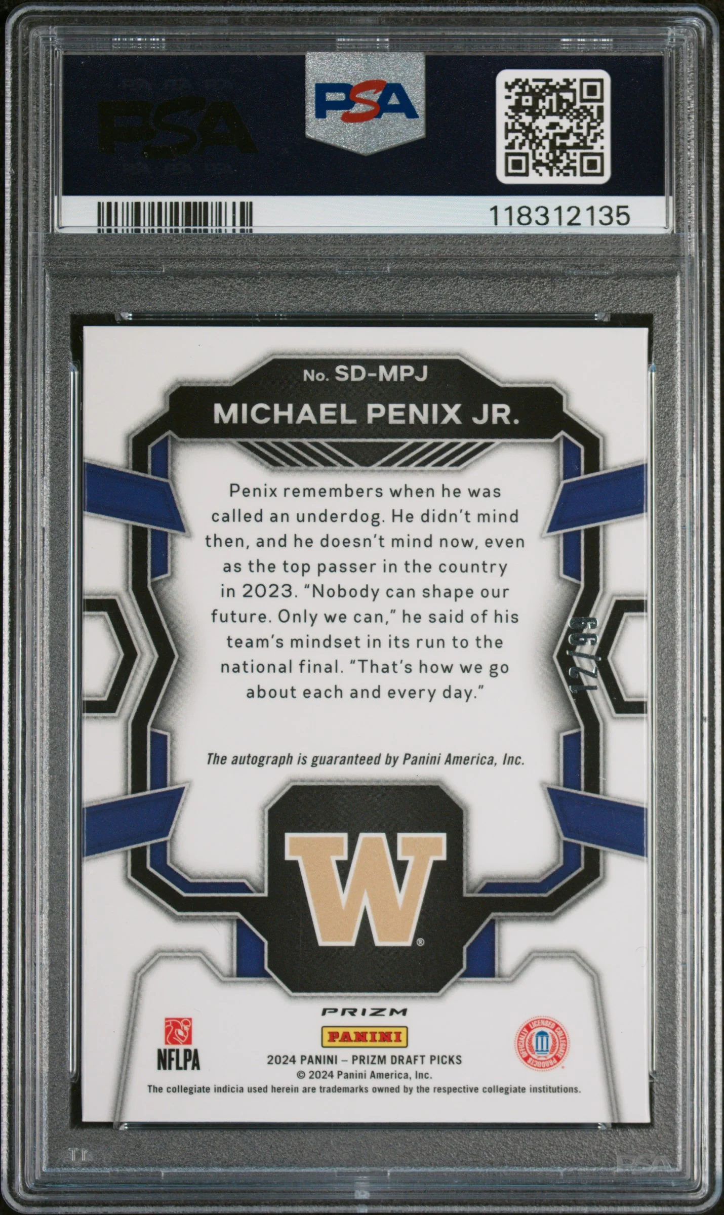 2024 Panini Prizm Draft Picks Signing Day Purple Ice Michael Penix Jr. #SDMPJ /99 PSA 10 - Image 2