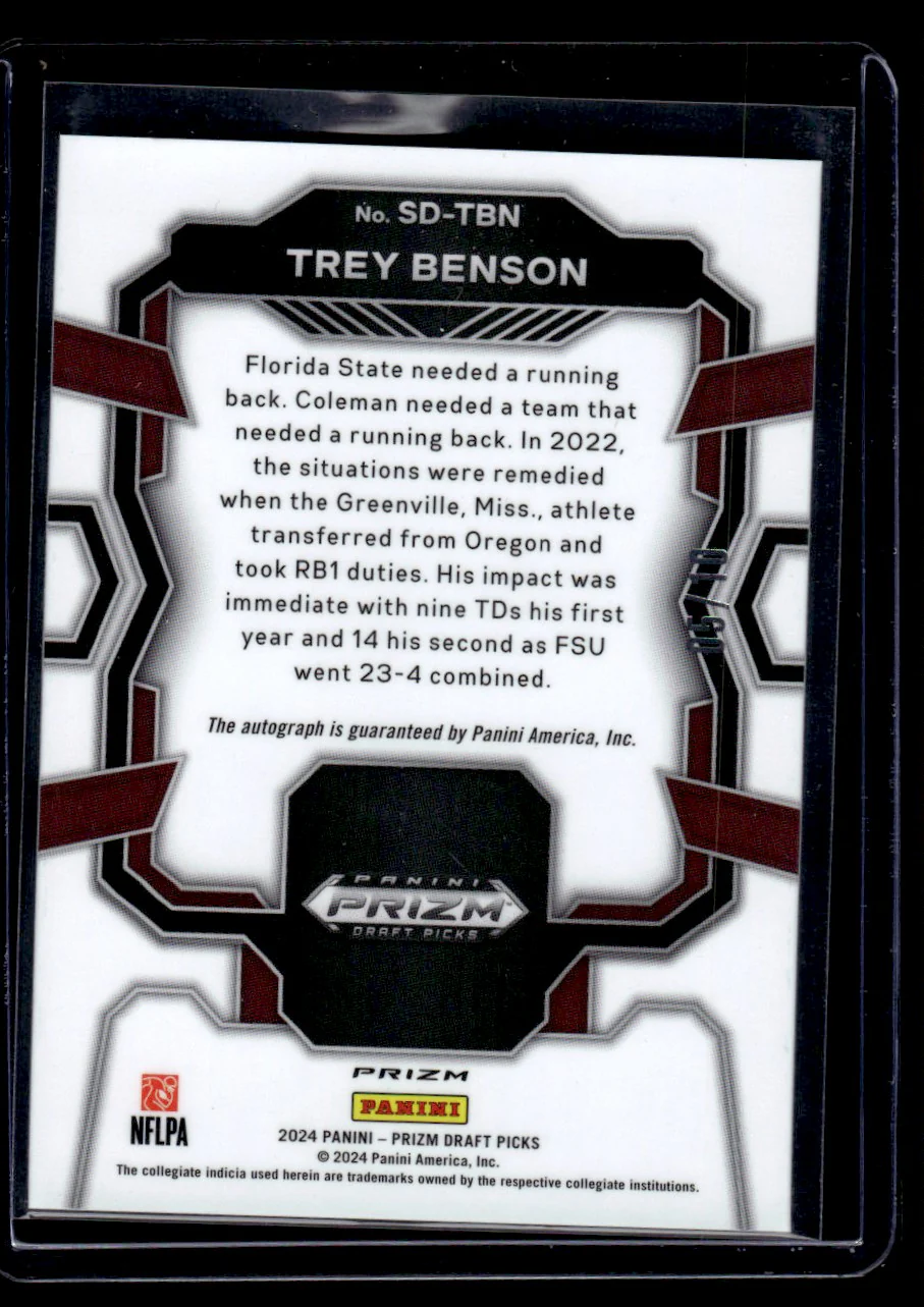 2024 Panini Prizm Draft Picks Signing Day Trey Benson #SD-TBN RC Auto - Image 2