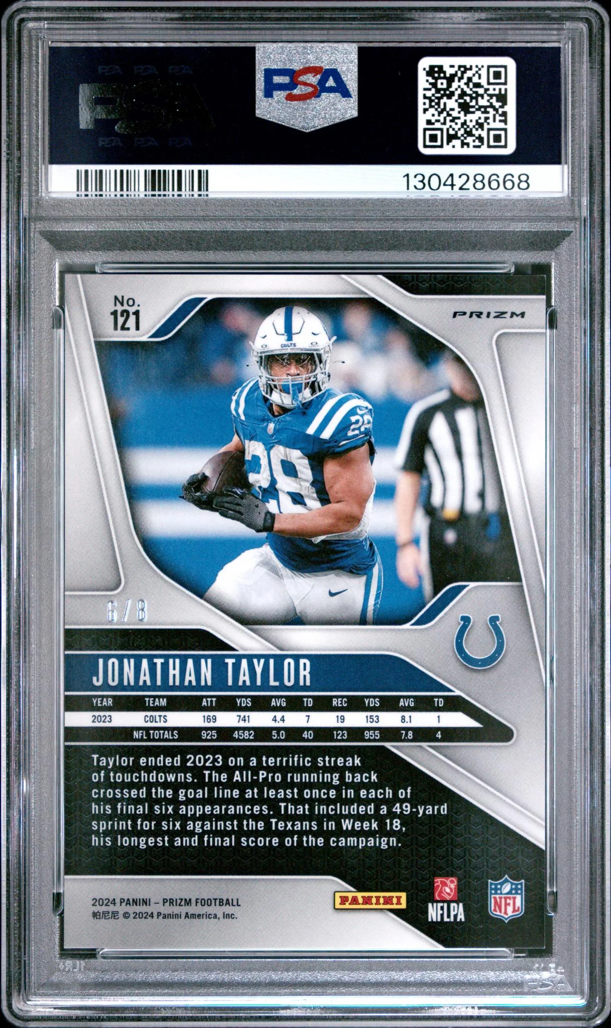 2024 Panini Prizm Green Sparkle Jonathan Taylor #121 /8 PSA 10 - Image 2