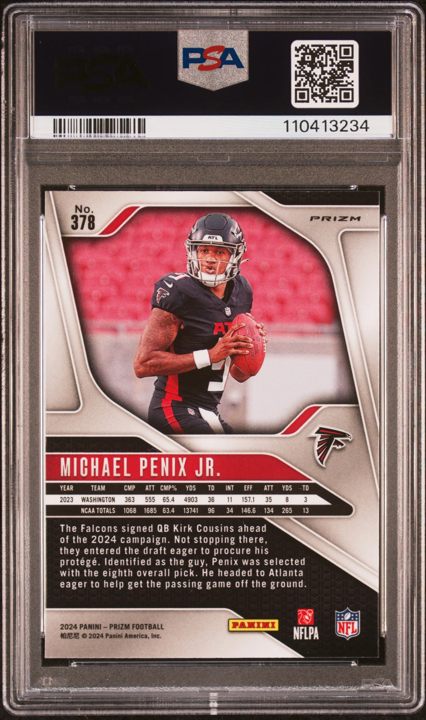 2024 Panini Prizm Green Wave Michael Penix Jr. #378 RC PSA 9 - Image 2