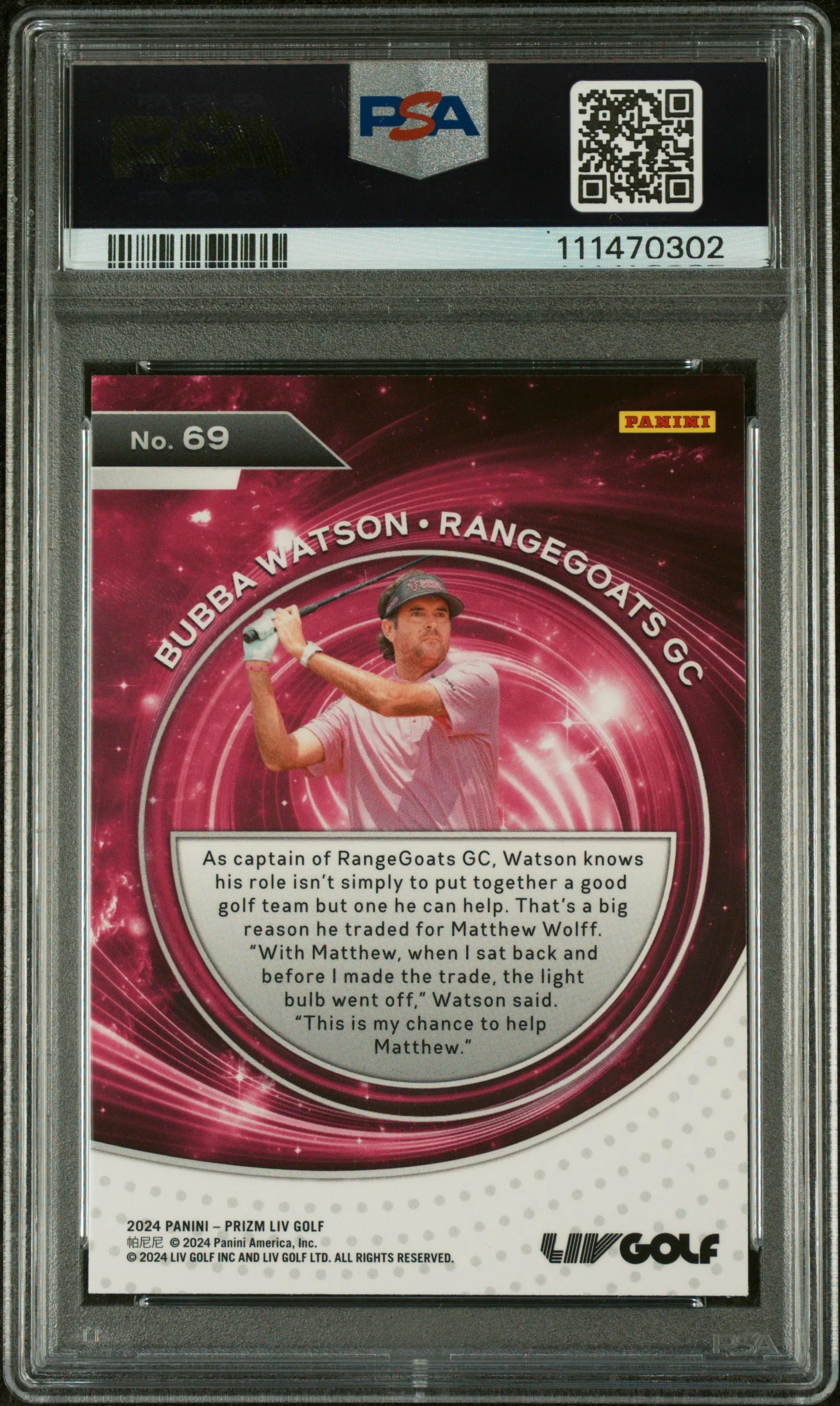 2024 Panini Prizm Liv Golf Bubba Watson #69 PSA 9 - Image 2