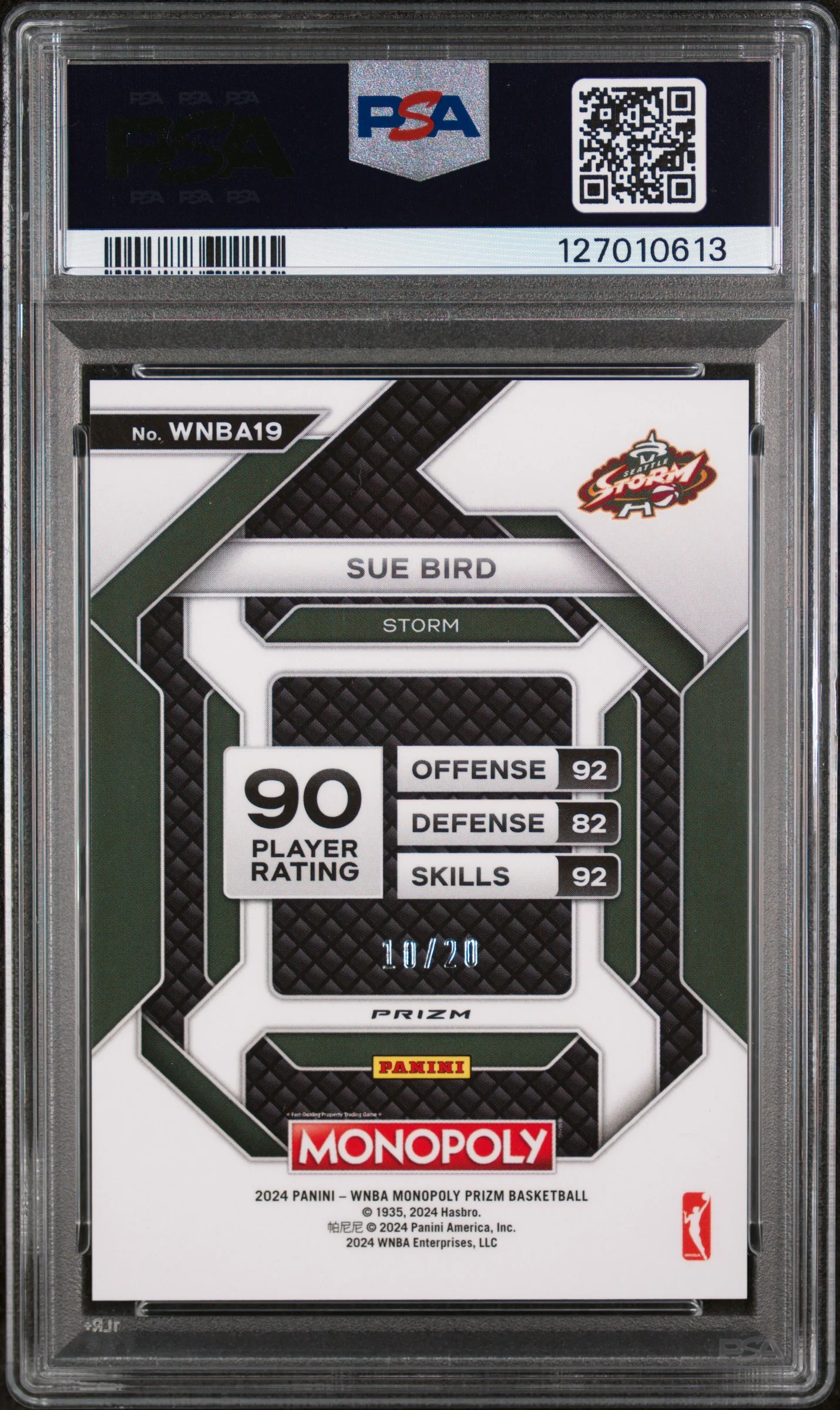 2024 Panini Prizm Monopoly WNBA Insert Green Millionaire Shimmer Sue Bird #19 /20 PSA 9 - Image 2