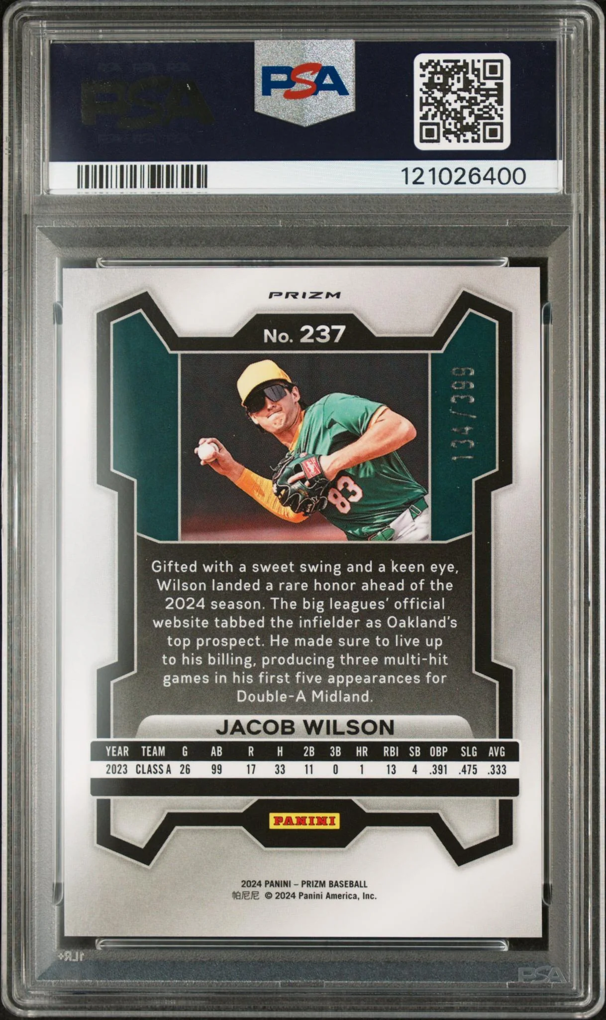 2024 Panini Prizm Orange Pulsar Jacob Wilson #237 /399 PSA 10 - Image 2
