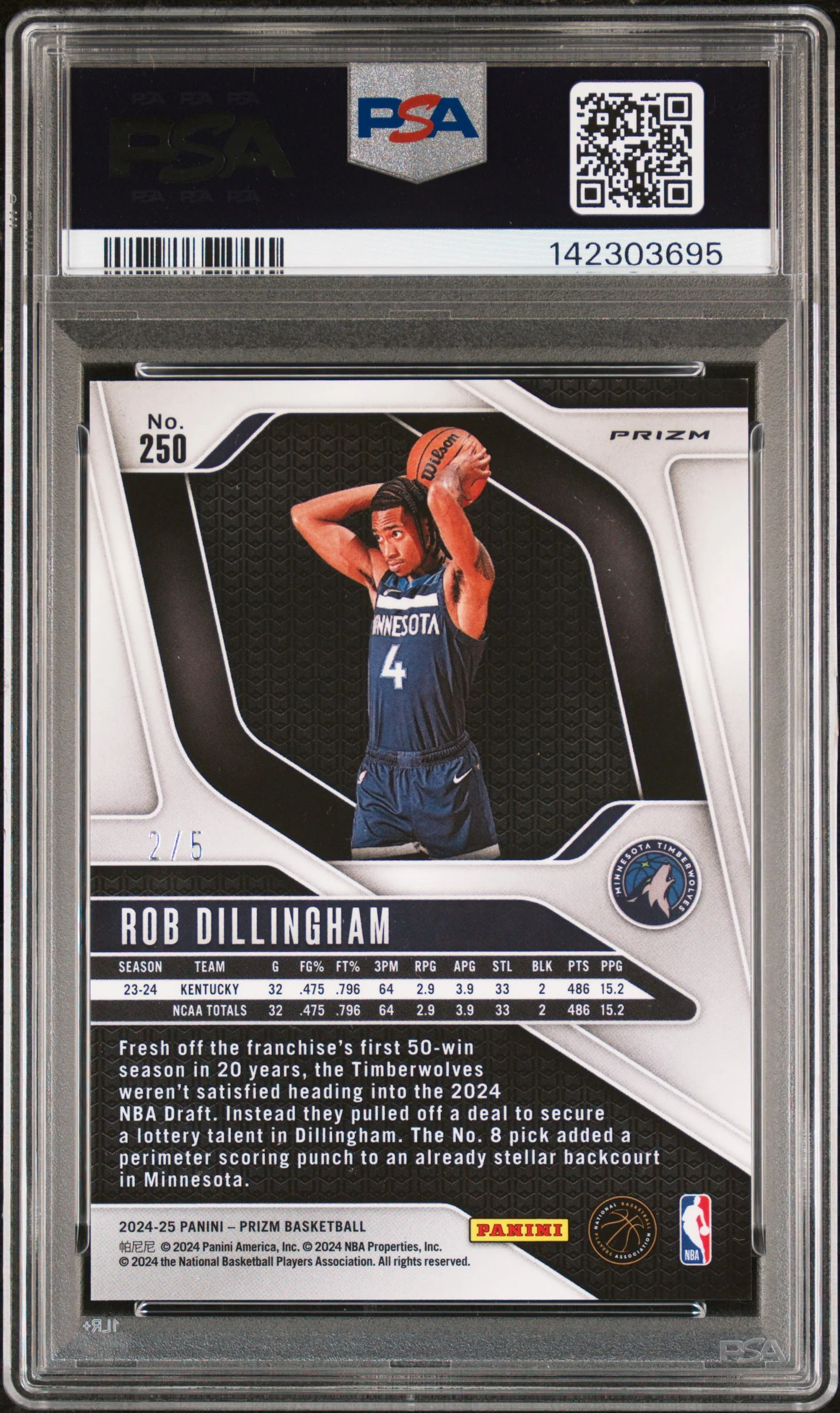 2024 Panini Prizm Prizms Black Gold Rob Dillingham #250 /5 PSA 8 - Image 2