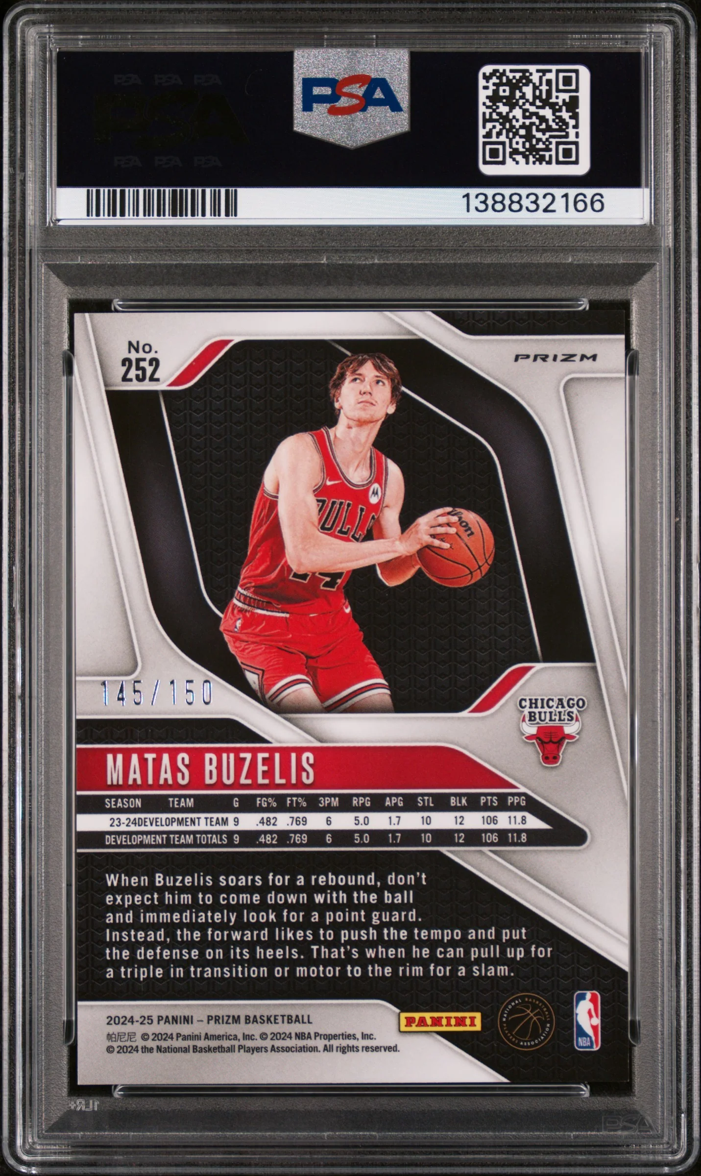 2024 Panini Prizm Prizms Fast Break Blue Matas Buzelis #252 /150 PSA 9 - Image 2
