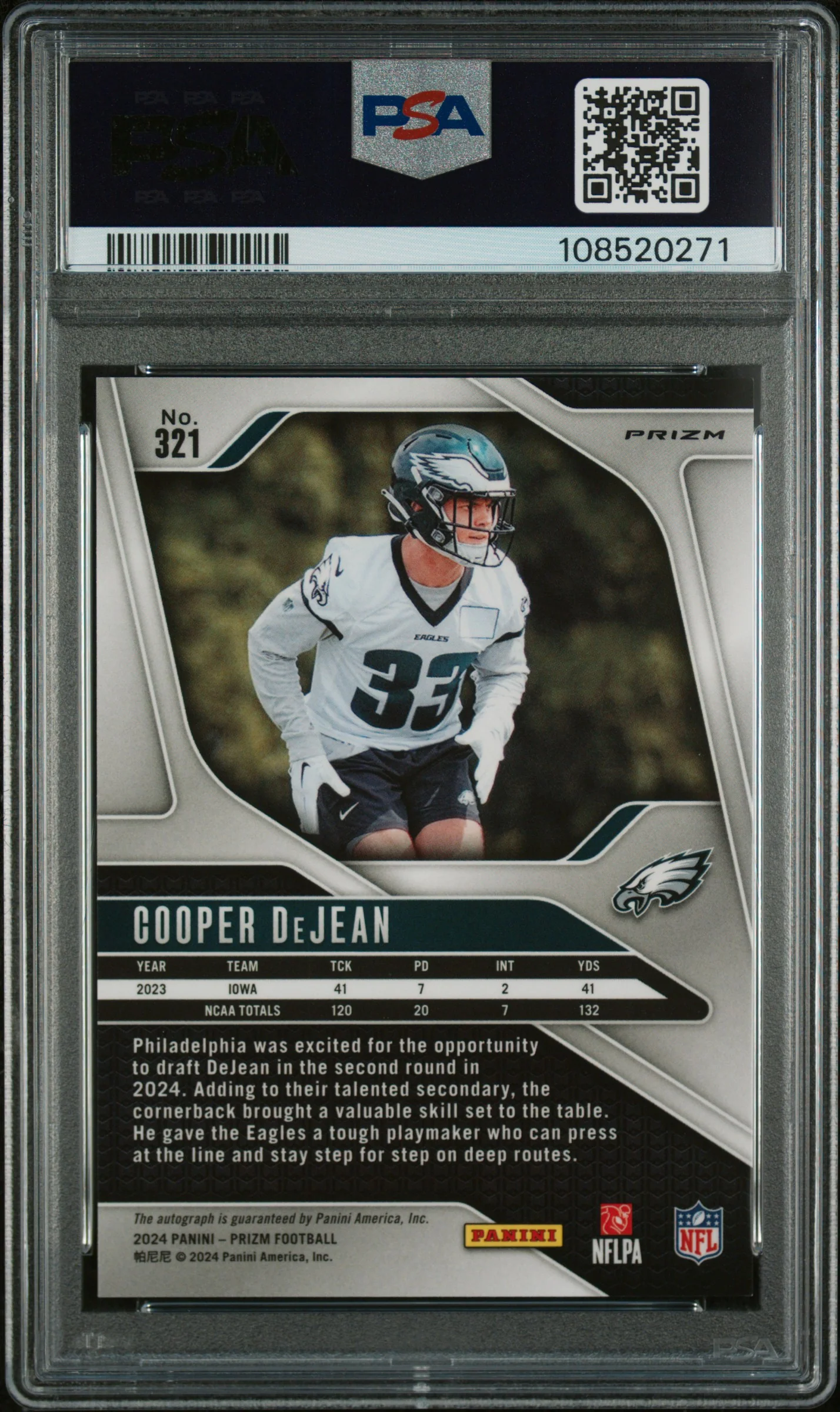 2024 Panini Prizm Rookie Autograph Silver Prizm Cooper Dejean #321 PSA 10 - Image 2
