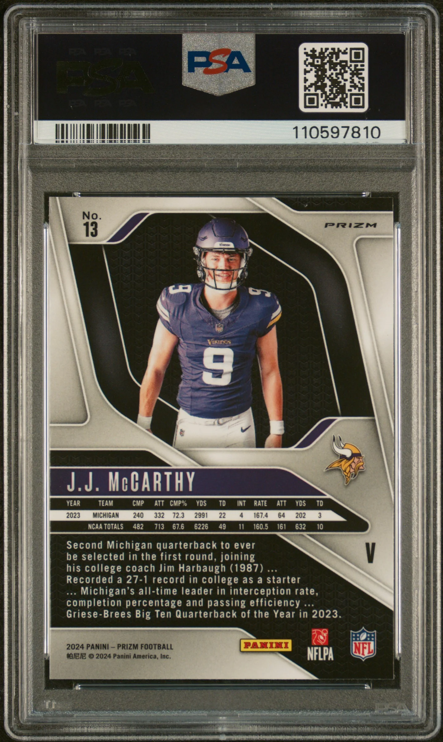 2024 Panini Prizm Rookie Variation J.J. McCarthy #13 RC PSA 9 - Image 2