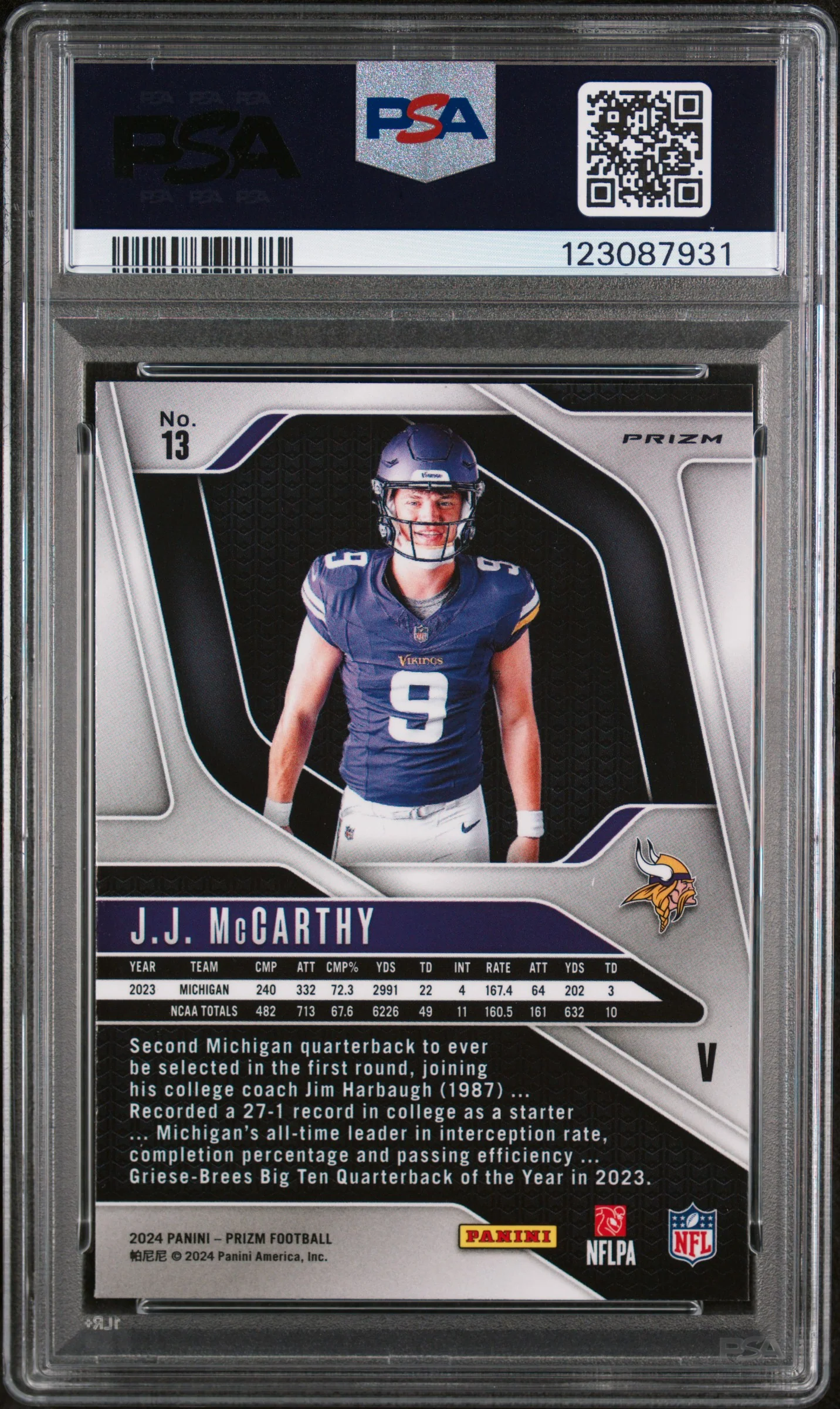 2024 Panini Prizm Rookie Variation JJ Mccarthy #13 PSA 9 - Image 2
