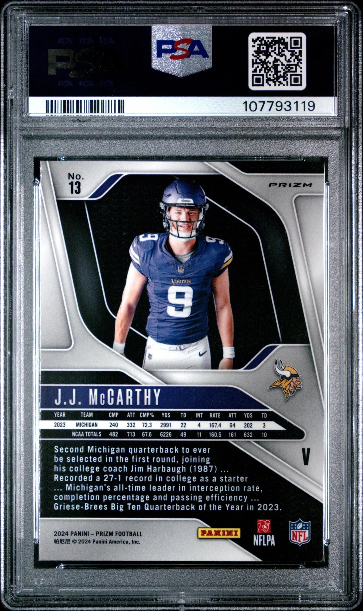 2024 Panini Prizm Rookie Variation JJ Mccarthy #13 PSA 9 - Image 2