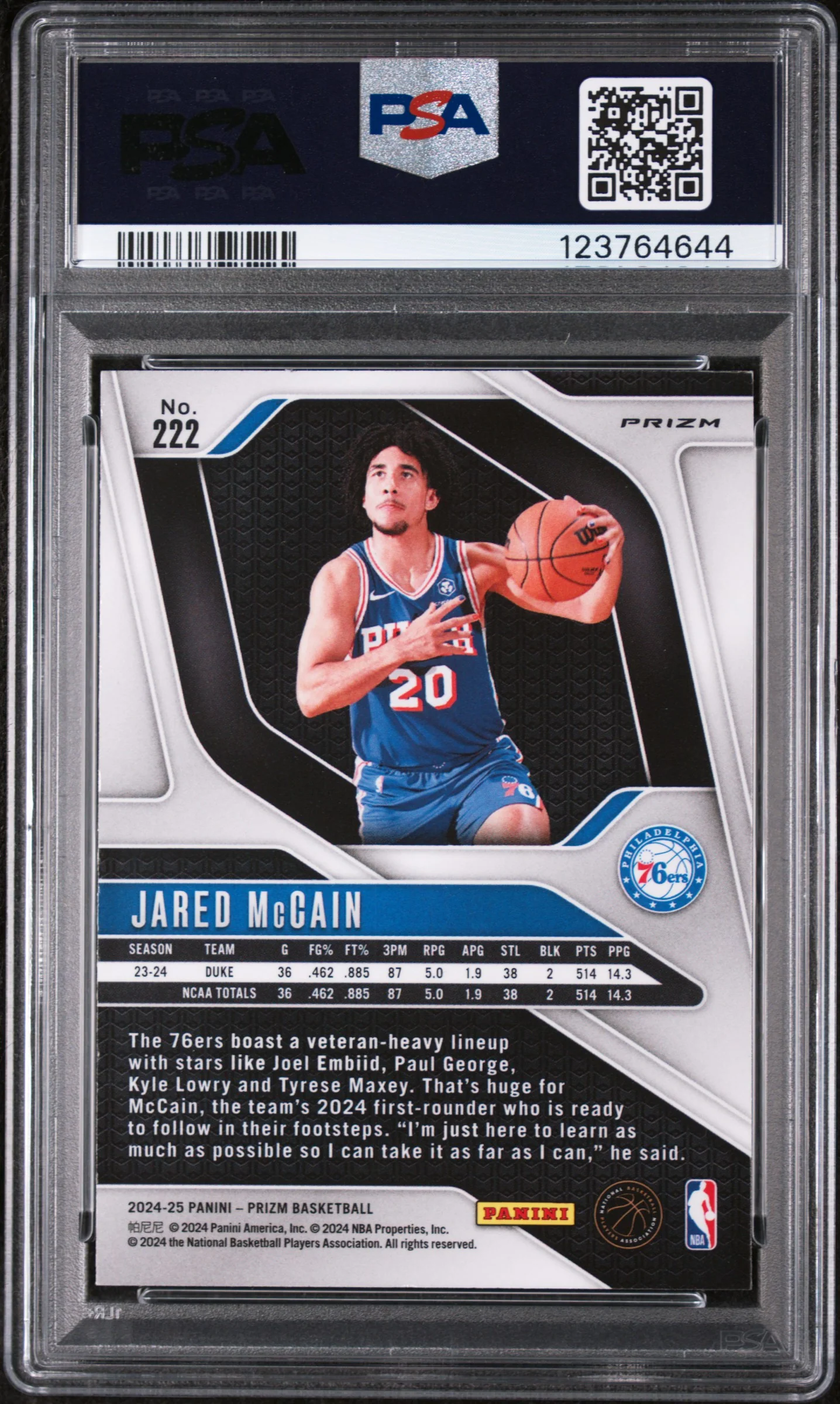 2024 Panini Prizm Silver Prizm Jared Mccain #222 PSA 9 - Image 2