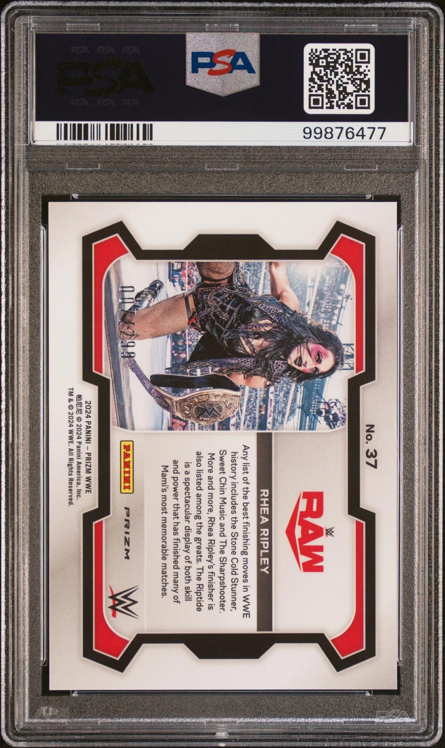 2024 Panini Prizm WWE Red Prizm Rhea Ripley #37 /199 PSA 9 - Image 2