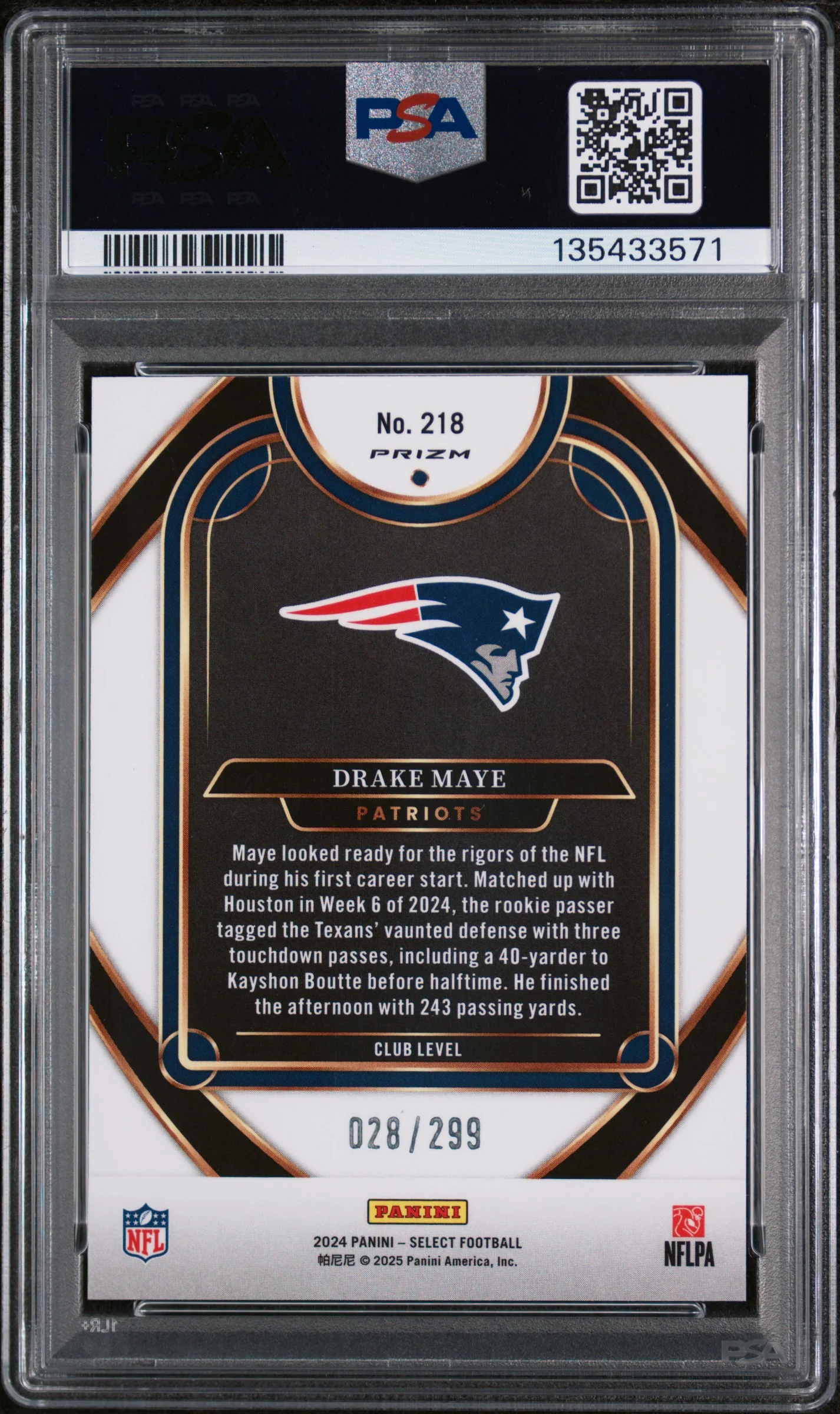 2024 Panini Select Copper Shock Drake Maye #218 /299 PSA 10 - Image 2