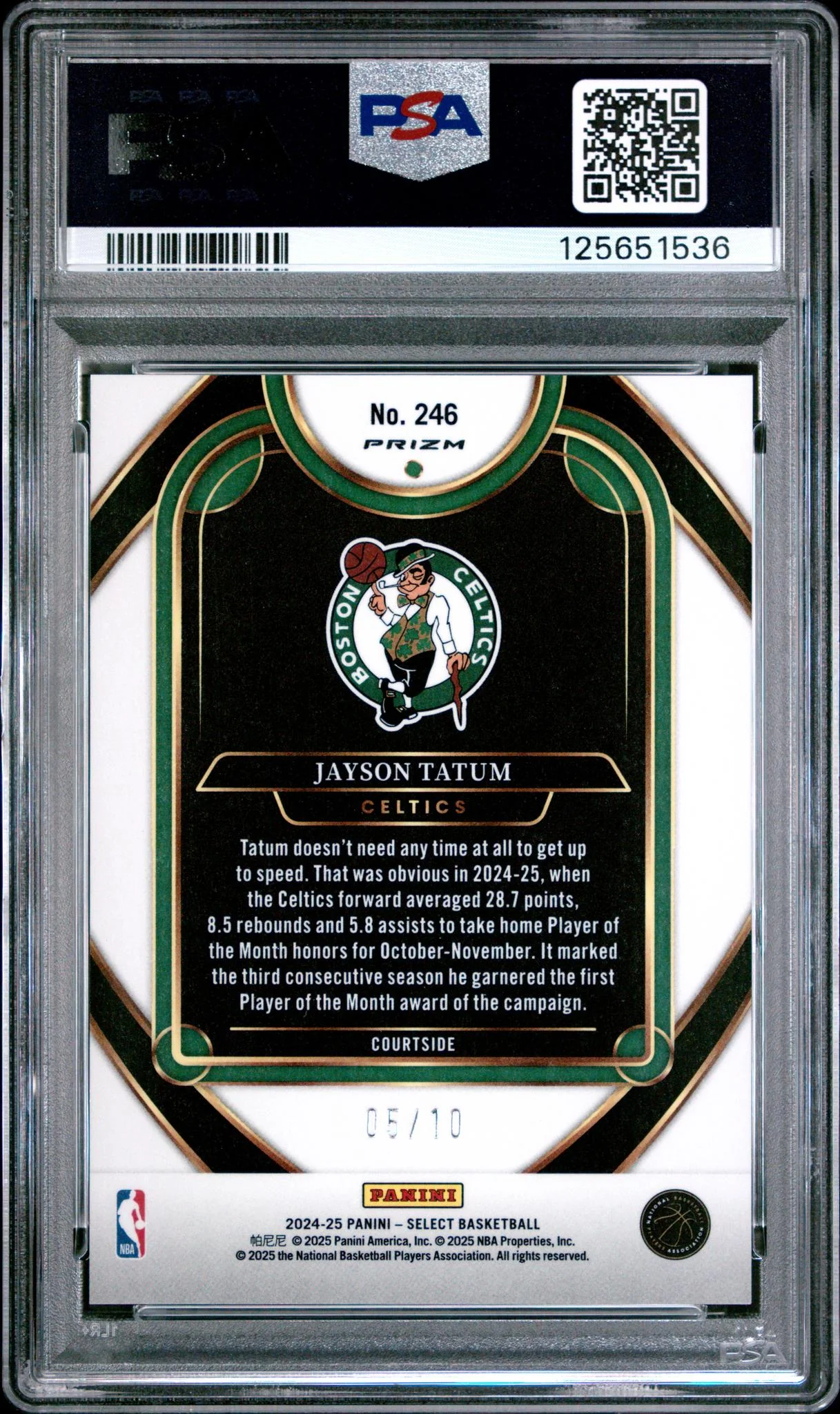 2024 Panini Select Courtside Gold Prizm Jayson Tatum #246 /10 PSA 9 - Image 2