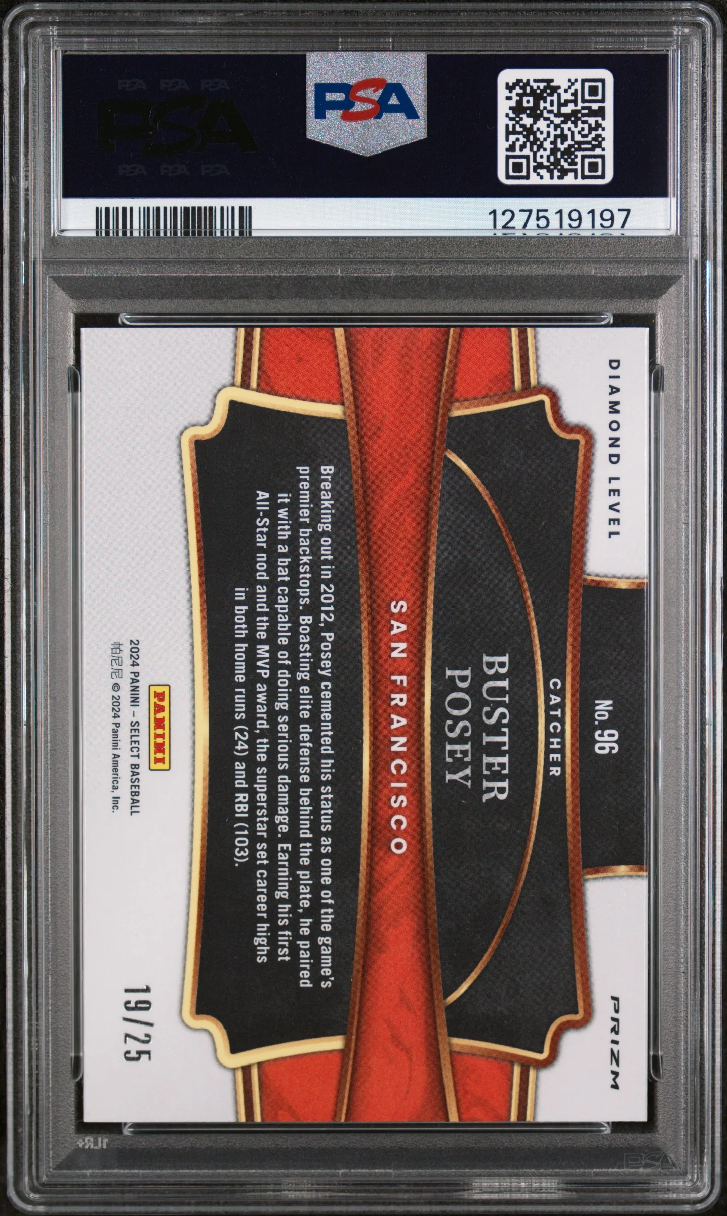 2024 Panini Select Diamond Level Tie-Dye Prizm Buster Posey #96 /25 PSA 9 - Image 2