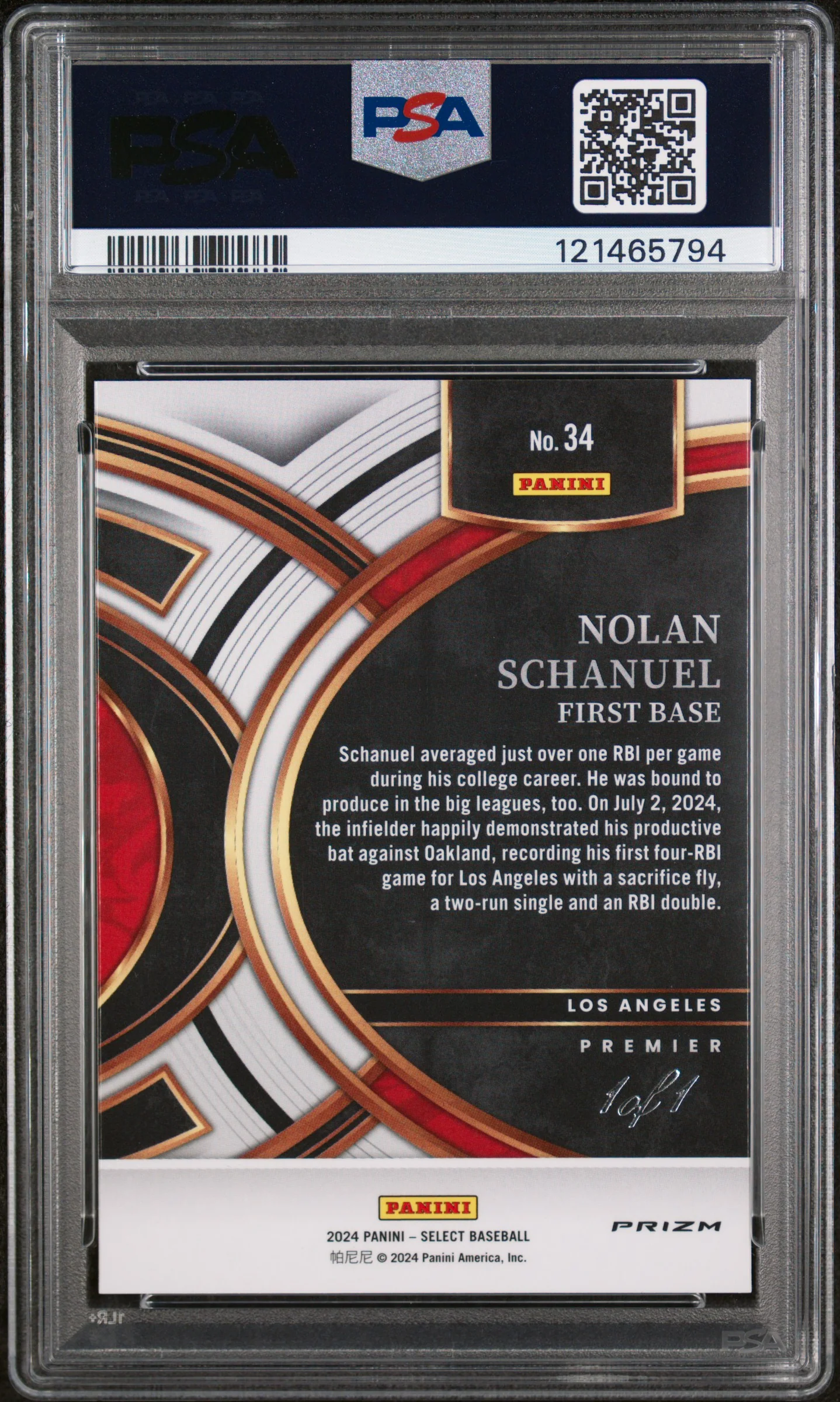 2024 Panini Select Premier Level Gold Vinyl Nolan Schanuel #34 RC 1/1 PSA 10 - Image 2