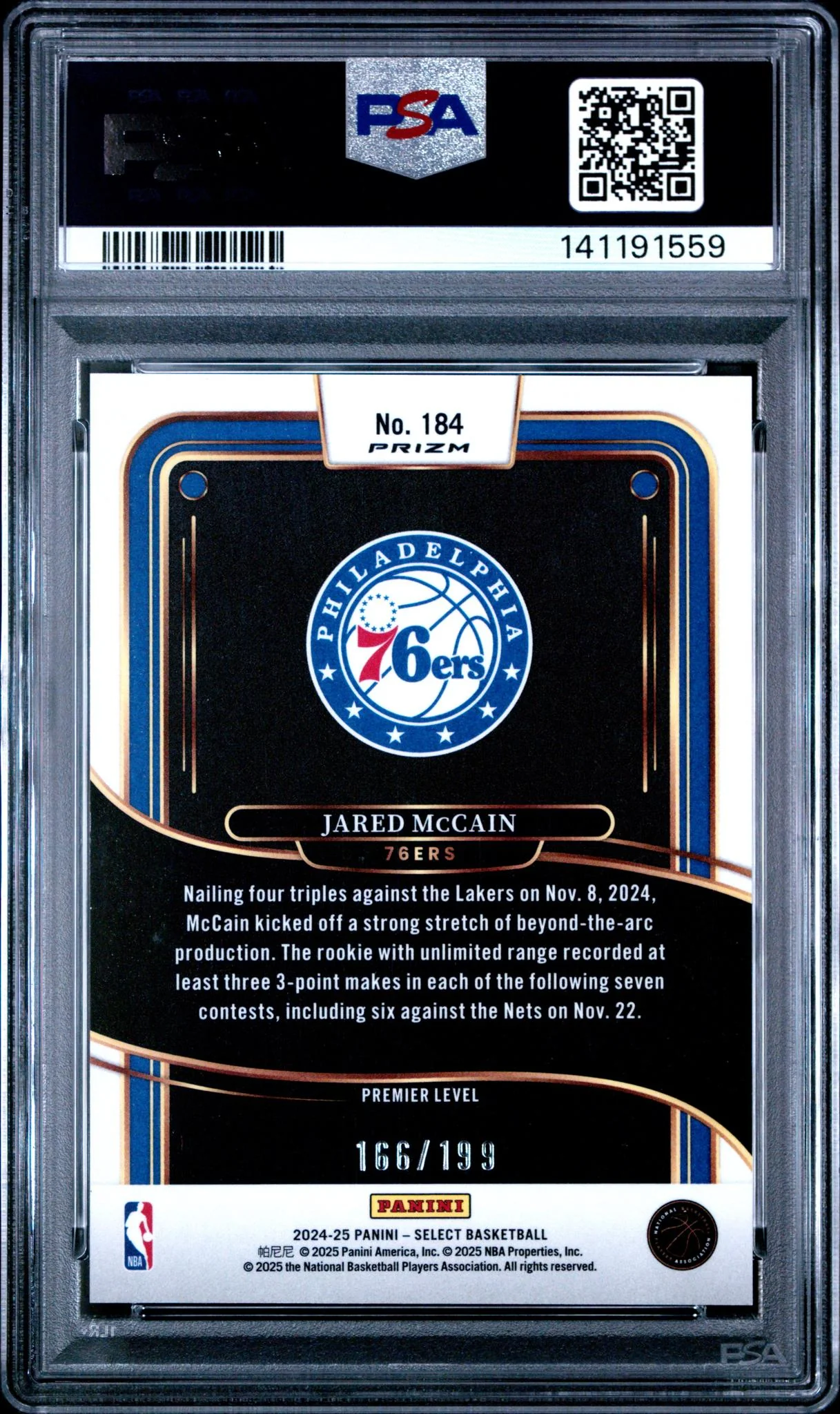 2024 Panini Select Premier Level Red Prizm Jared Mccain #184 /199 PSA 10 - Image 2