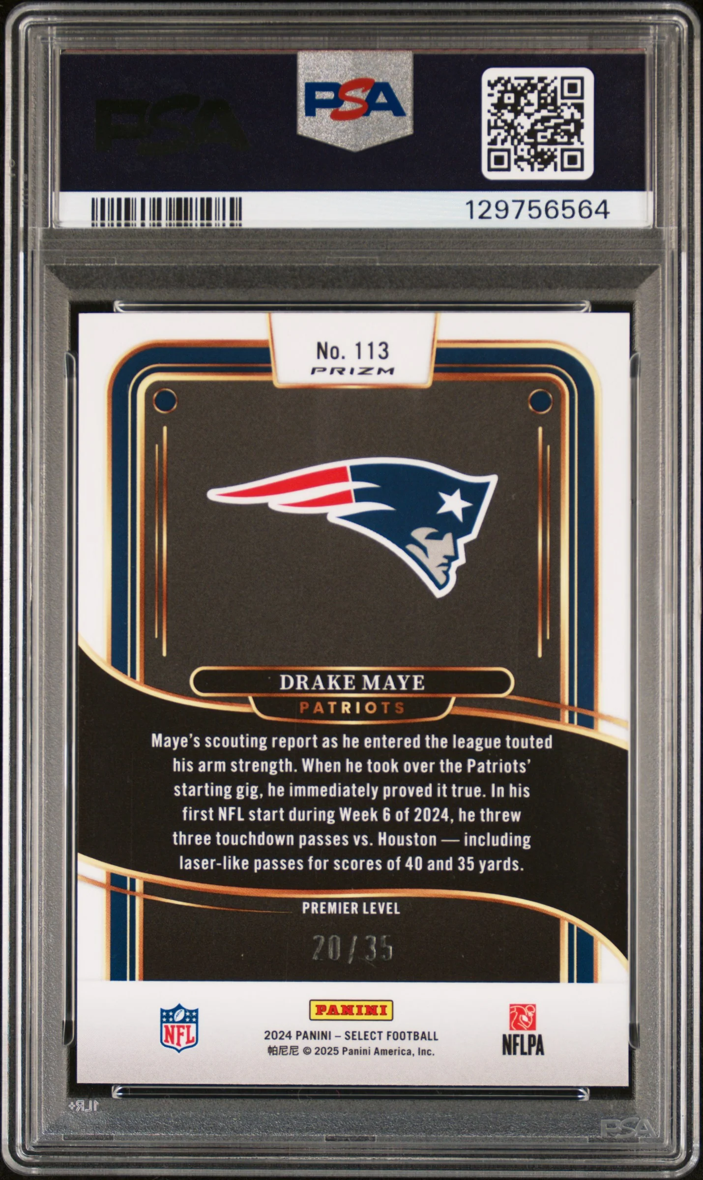 2024 Panini Select Premier Level White Prizm Drake Maye #113 /35 PSA 9 - Image 2