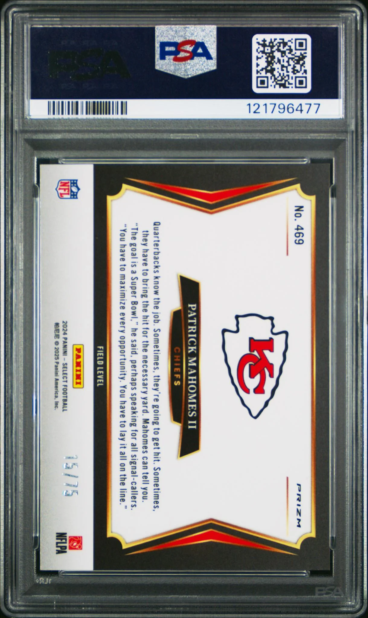 2024 Panini Select Prizm Blue Patrick Mahomes II #469 /75 PSA 10 - Image 2