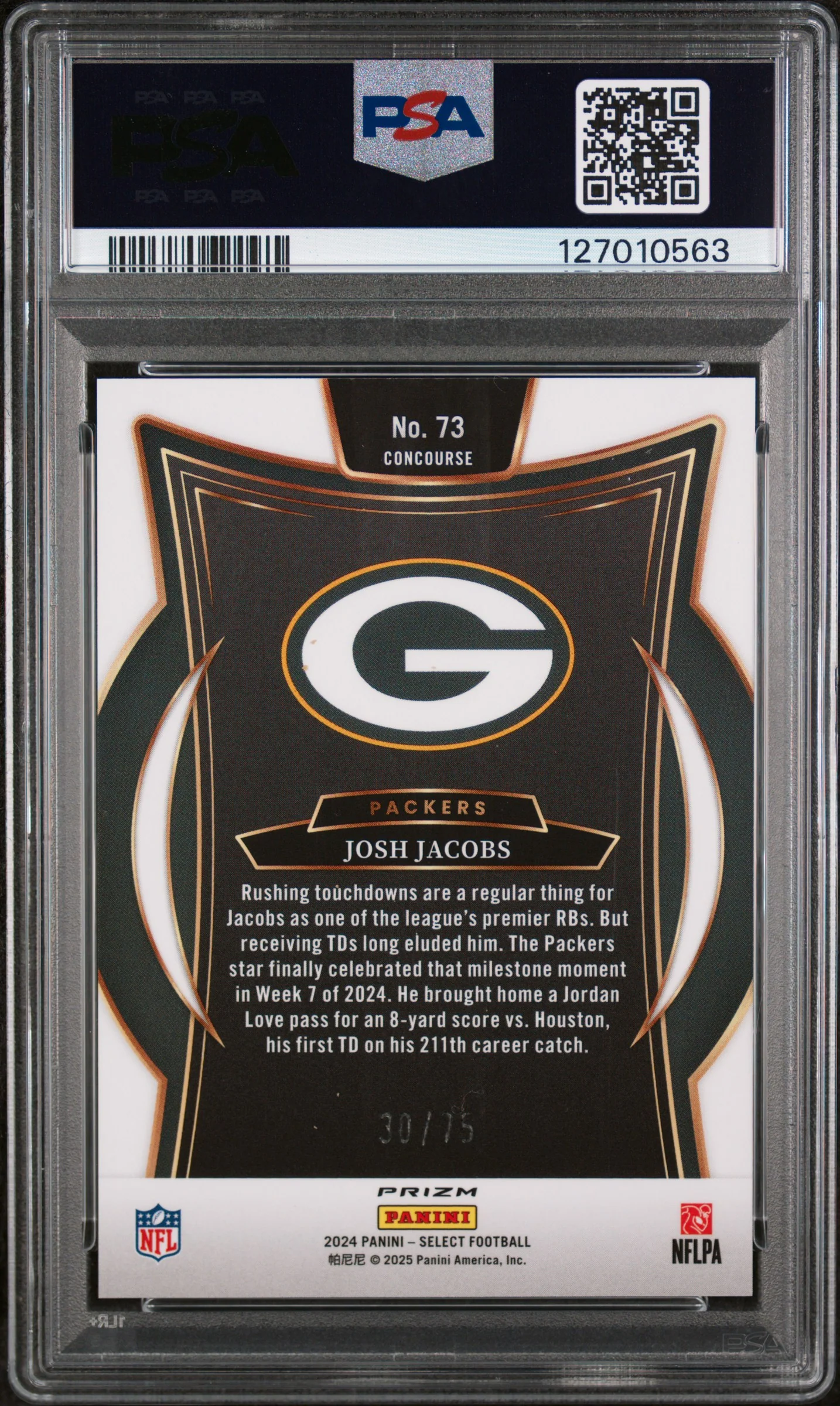 2024 Panini Select Prizm Purple Josh Jacobs #73 /75 PSA 10 - Image 2