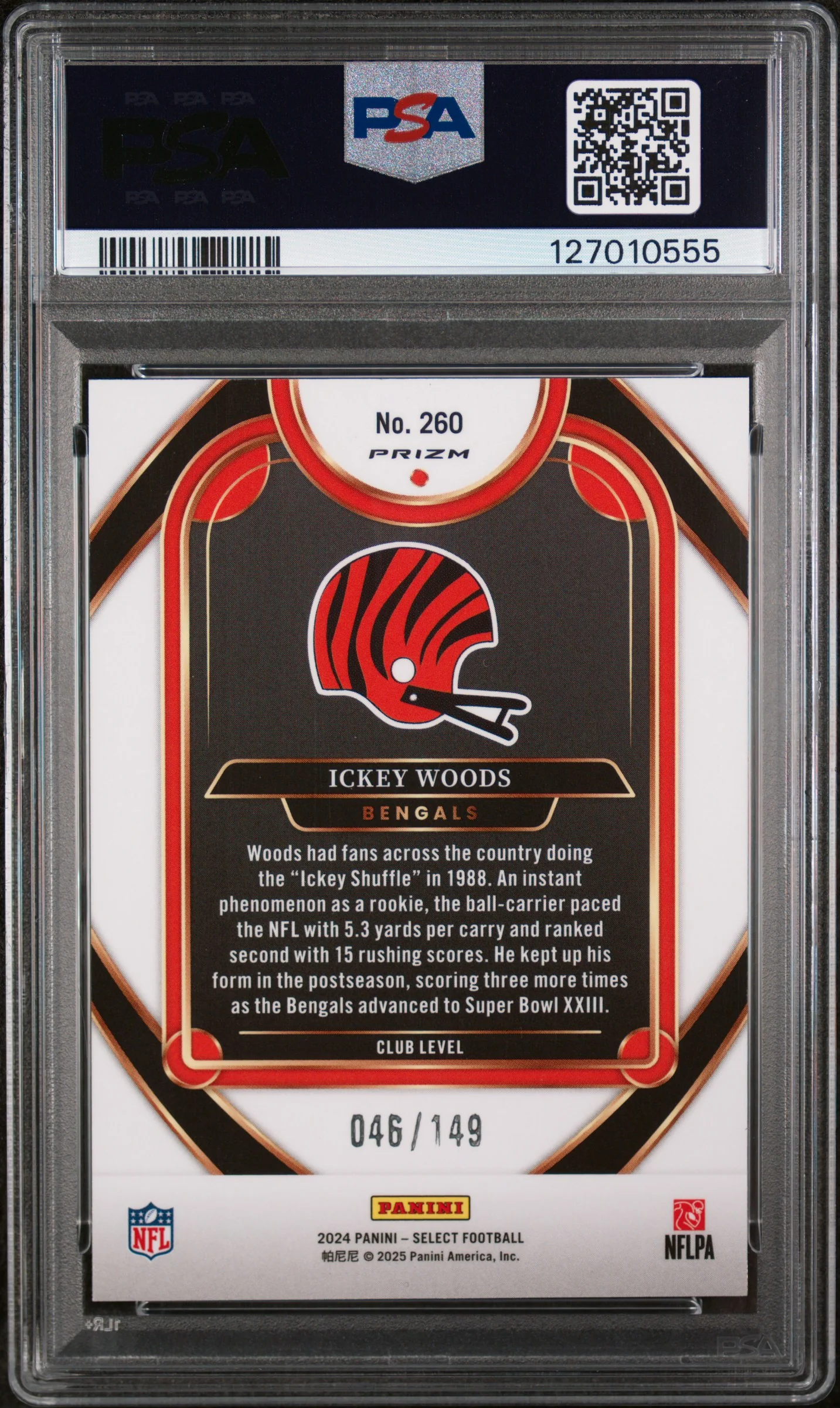 2024 Panini Select Prizm Tri Color Ickey Woods #260 /149 PSA 10 - Image 2