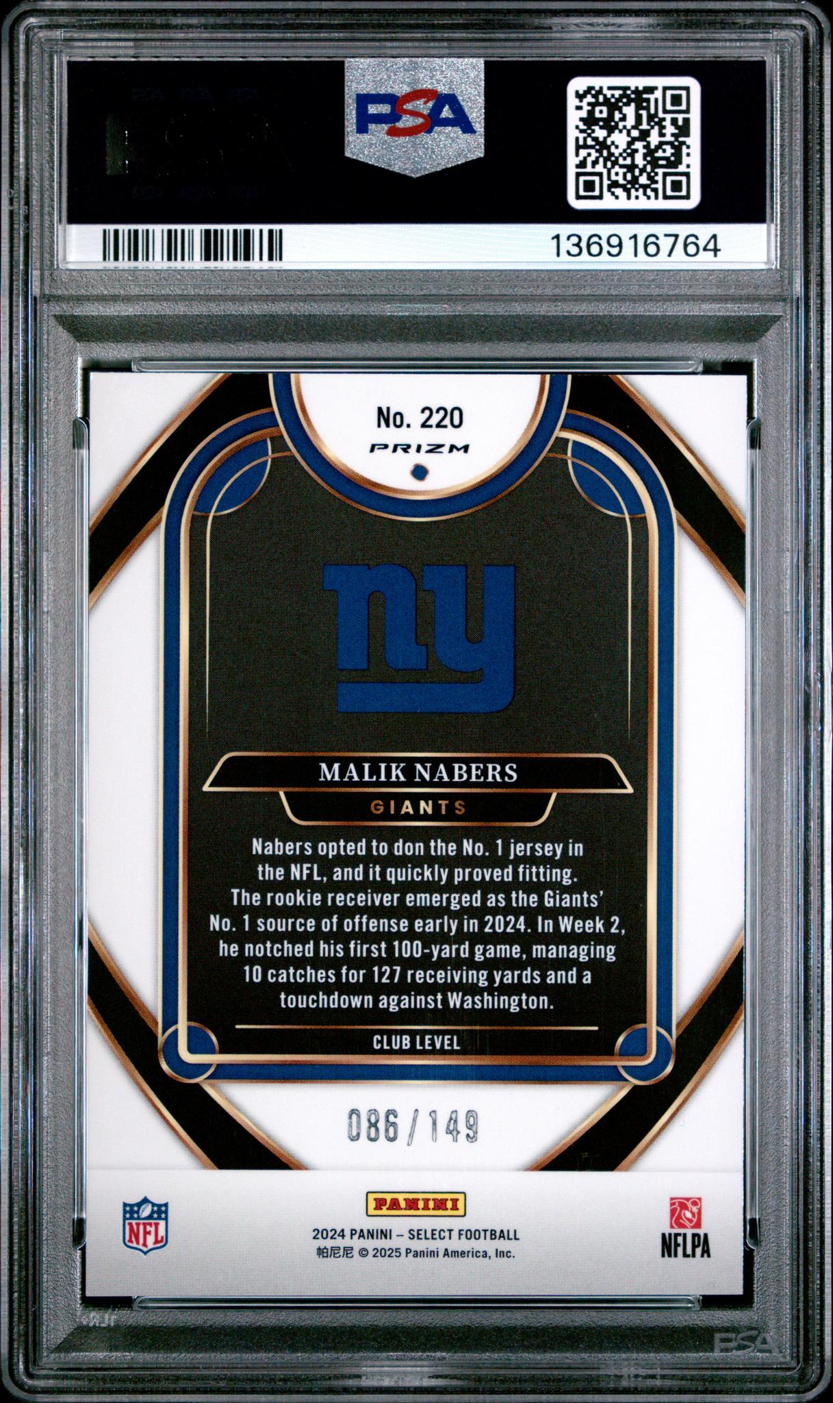 2024 Panini Select Prizm Tri Color Malik Nabers #220 /149 PSA 9 - Image 2