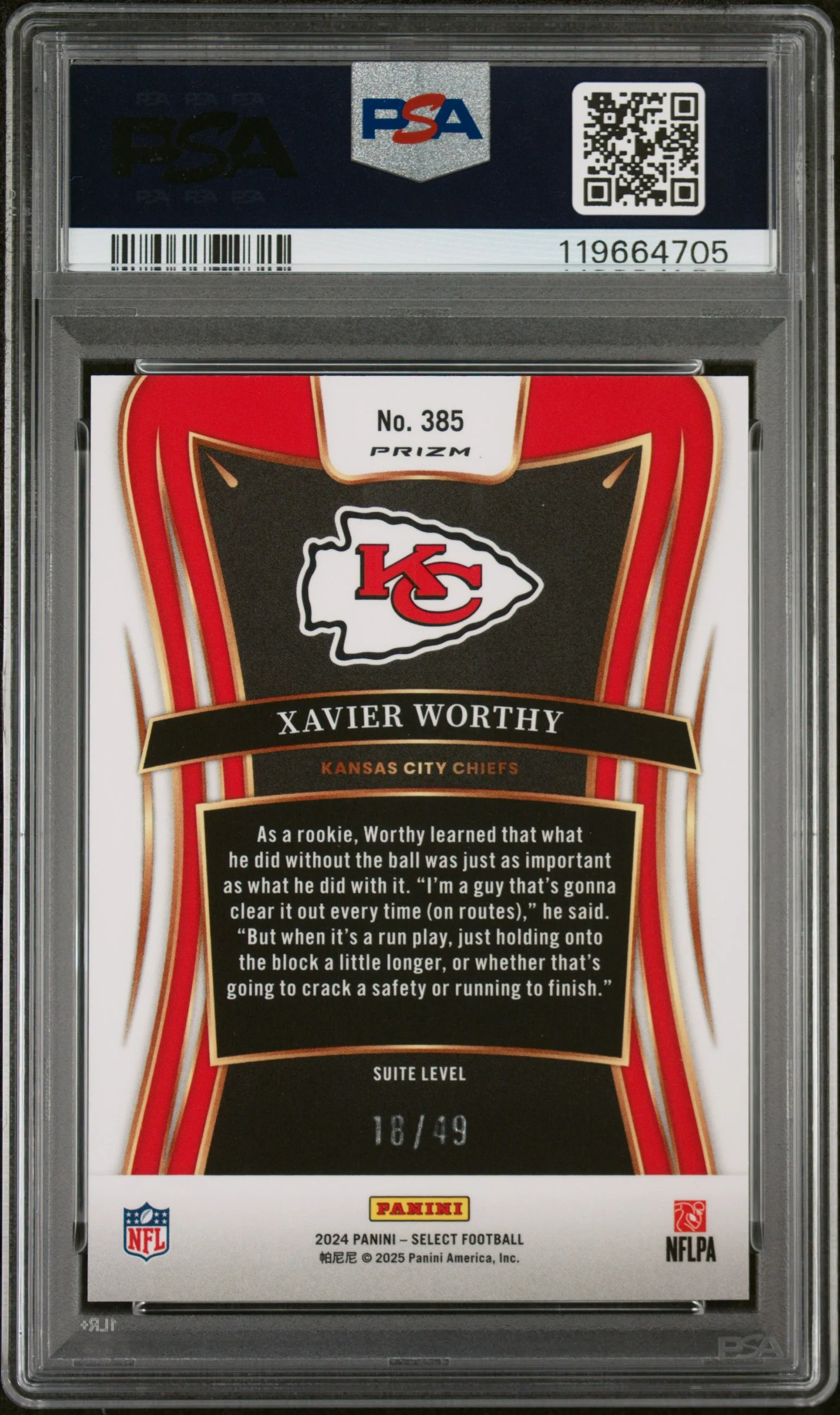 2024 Panini Select Red Prizm Xavier Worthy #385 RC Suite Level /49 PSA 10 - Image 2