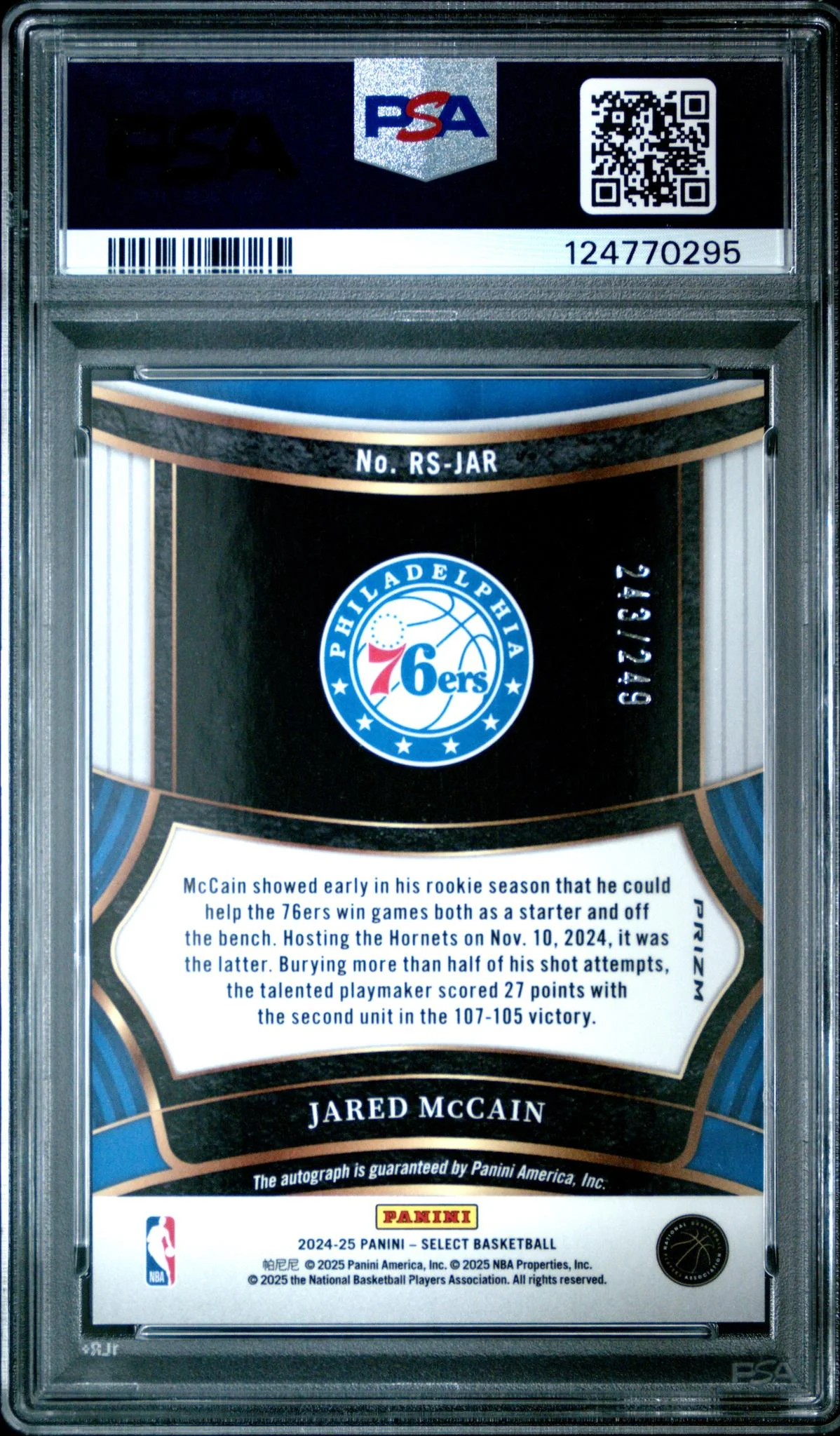 2024 Panini Select Rookie Signature Jared Mccain #RSJAR /249 PSA 9 - Image 2