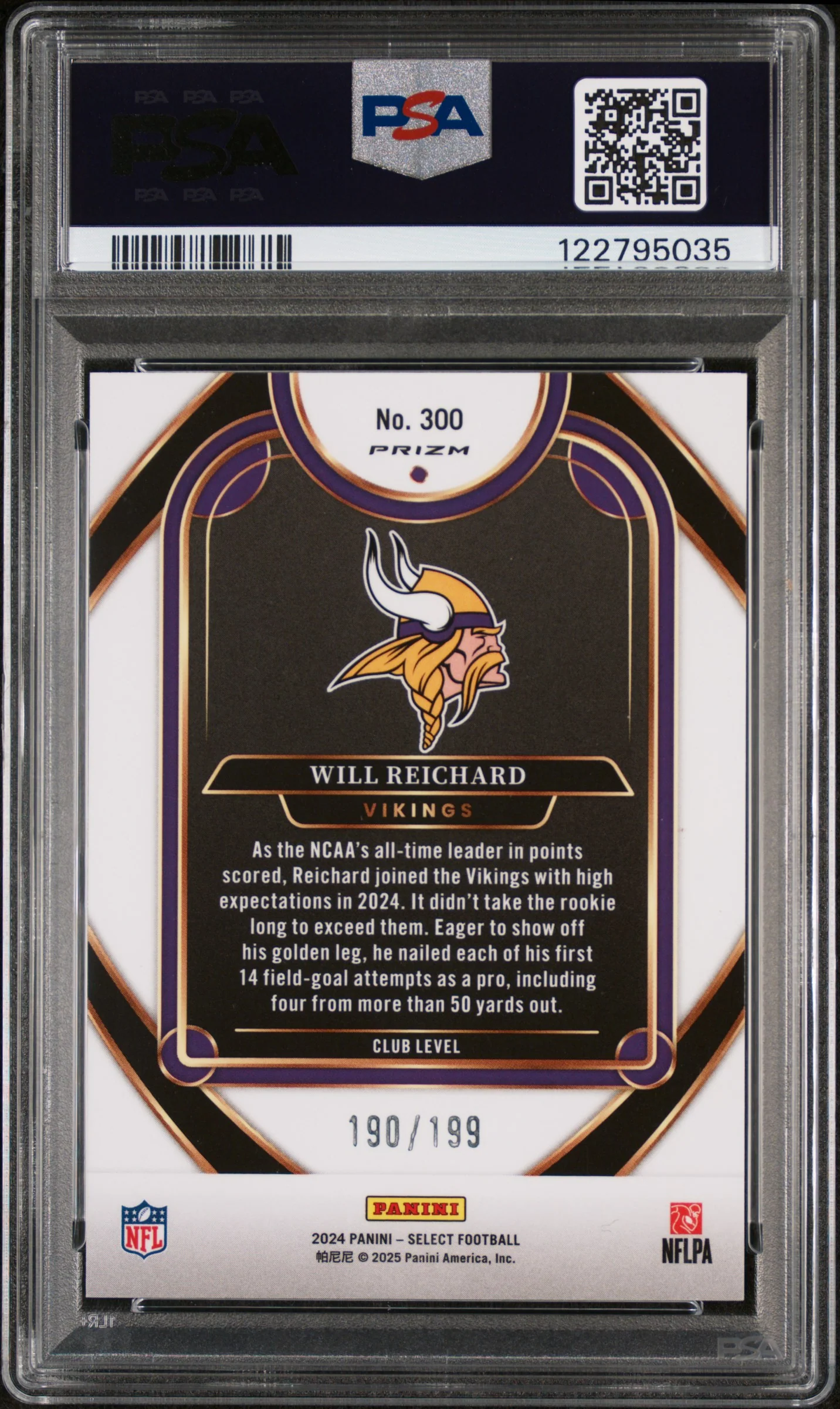 2024 Panini Select White Shock Will Reichard #300 RC Prizm /199 PSA 9 - Image 2