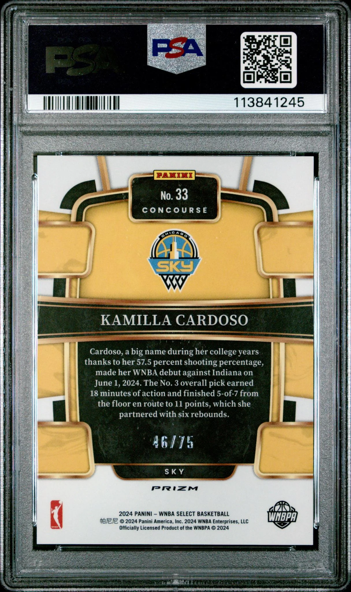 2024 Panini Select WNBA Neon Green Prizm Kamilla Cardoso #33 /75 PSA 10 - Image 2