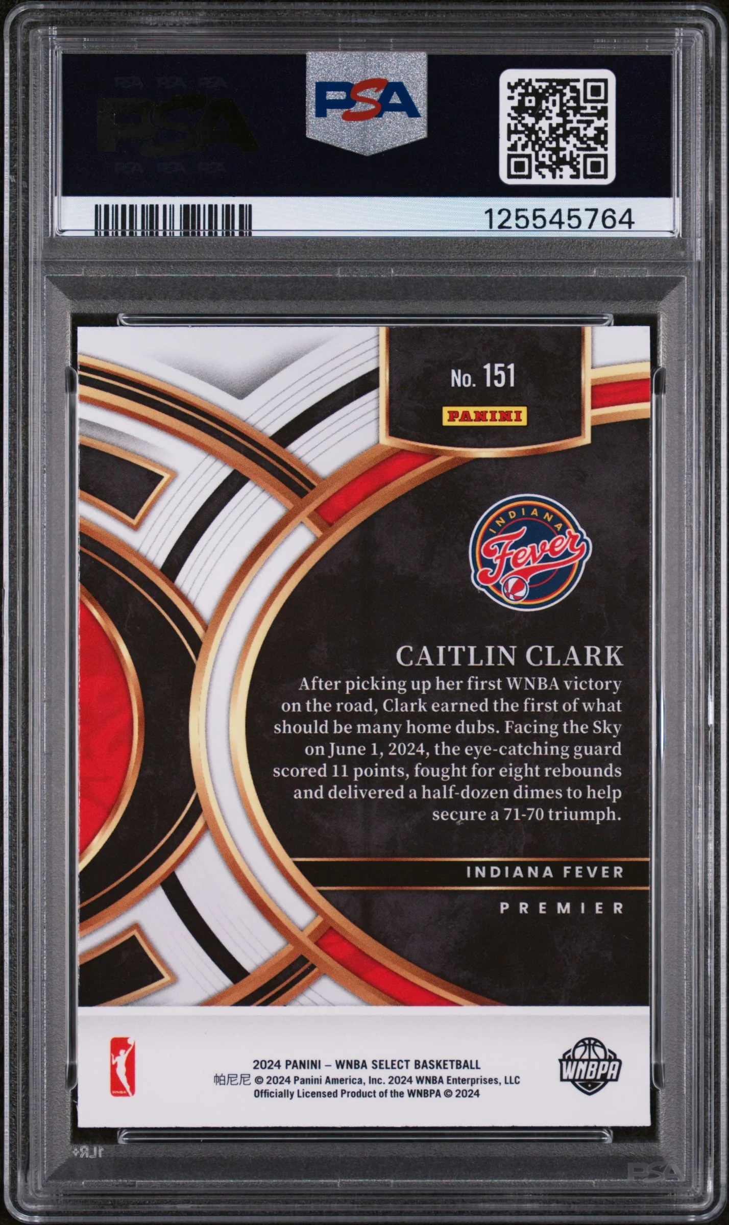 2024 Panini Select WNBA Premier Level Caitlin Clark #151 PSA 9 - Image 2