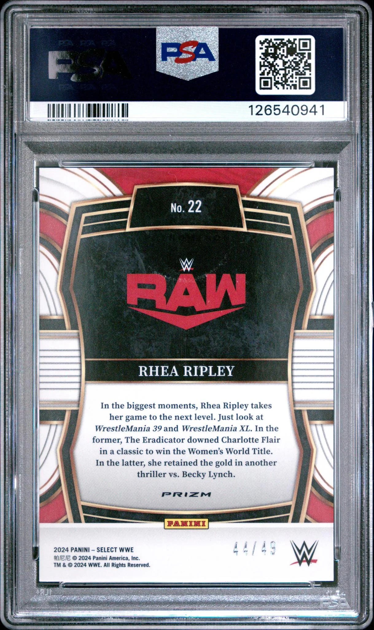 2024 Panini Select WWE Phenomenon Blue Prizm Rhea Ripley #22 /49 PSA 9 - Image 2