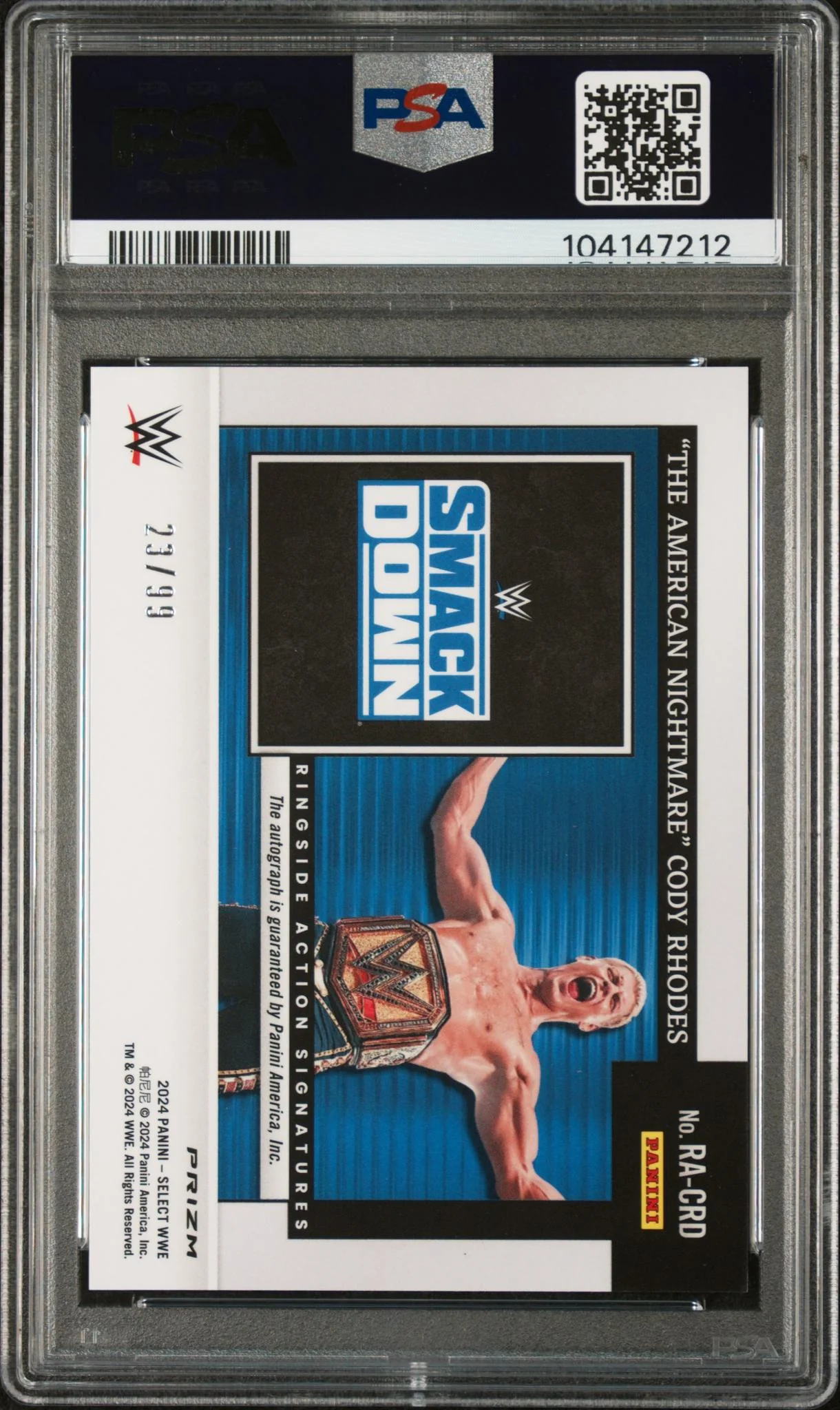 2024 Panini Select WWE Ringside Action Signatures Ringside Action Sig-Red Prz Cody Rhodes #RACRD /99 PSA 10 - Image 2
