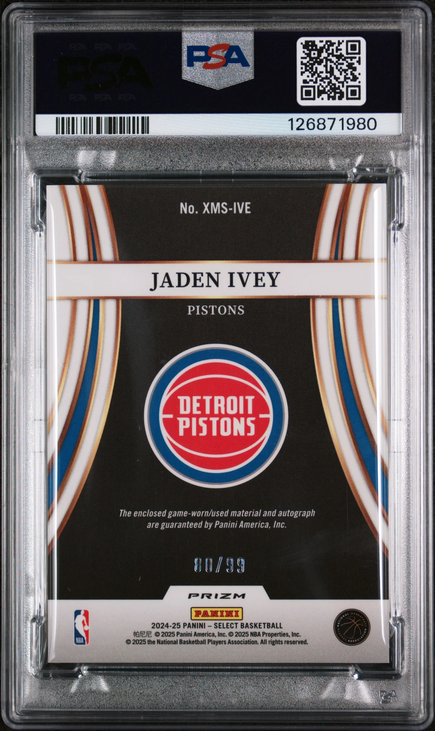 2024 Panini Select X-Factor Memorabilia Signatures Purple Prizm Jaden Ivey #XMSIVE /99 PSA 9 - Image 2
