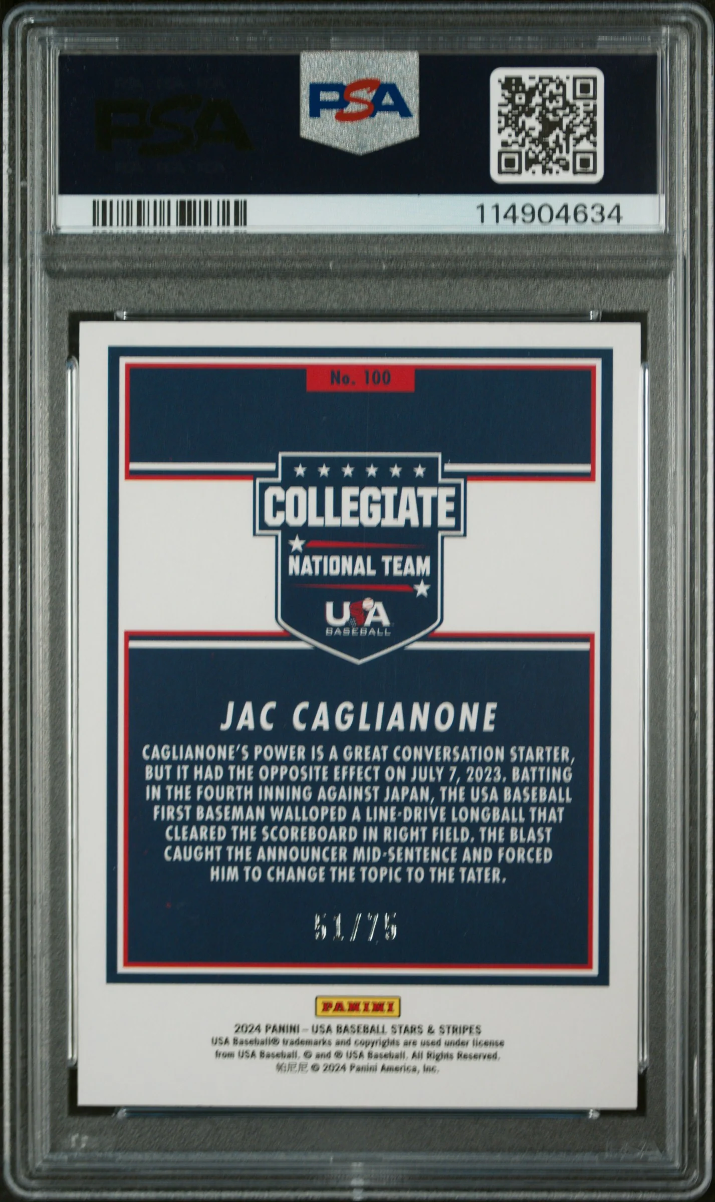 2024 Panini Stars & Stripes USA Orange Jac Caglianone #100 /75 PSA 9 - Image 2