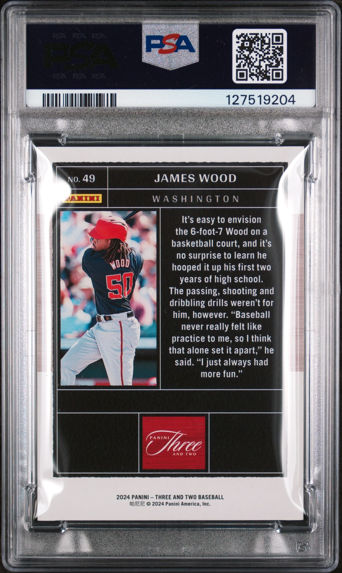 2024 Panini Three and Two Holo Blue James Wood #49 /15 PSA 8 - Image 2