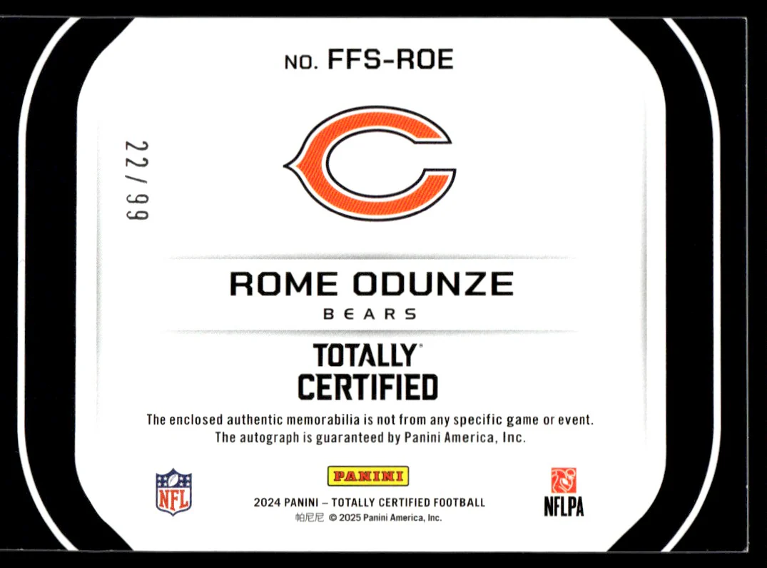 2024 Panini Totally Certified FFS-ROE Rome Odunze Freshman Fabric Rookie /99 Chicago Bears Auto - Image 2