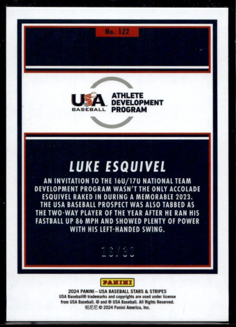 2024 Panini USA Baseball Stars & Stripes 122 Luke Esquivel Rookie /99 USA Baseball - Image 2