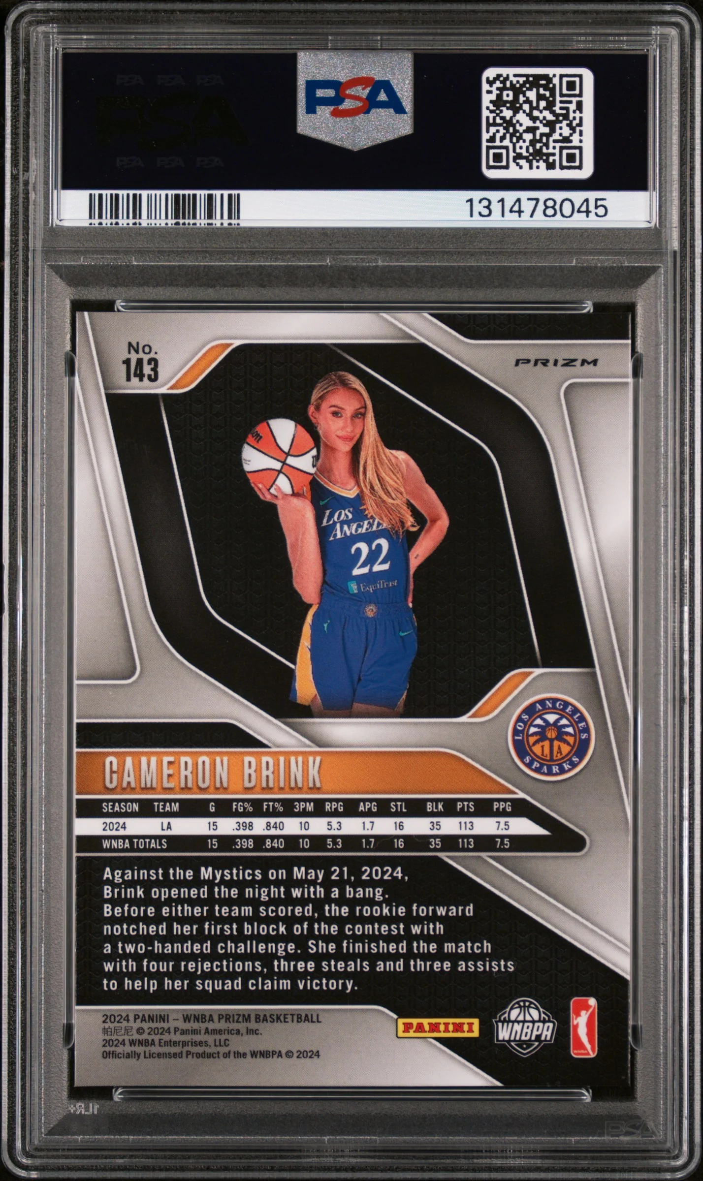 2024 Panini WNBA Prizm WNBA Logo Prizm Cameron Brink #143 PSA 9 - Image 2