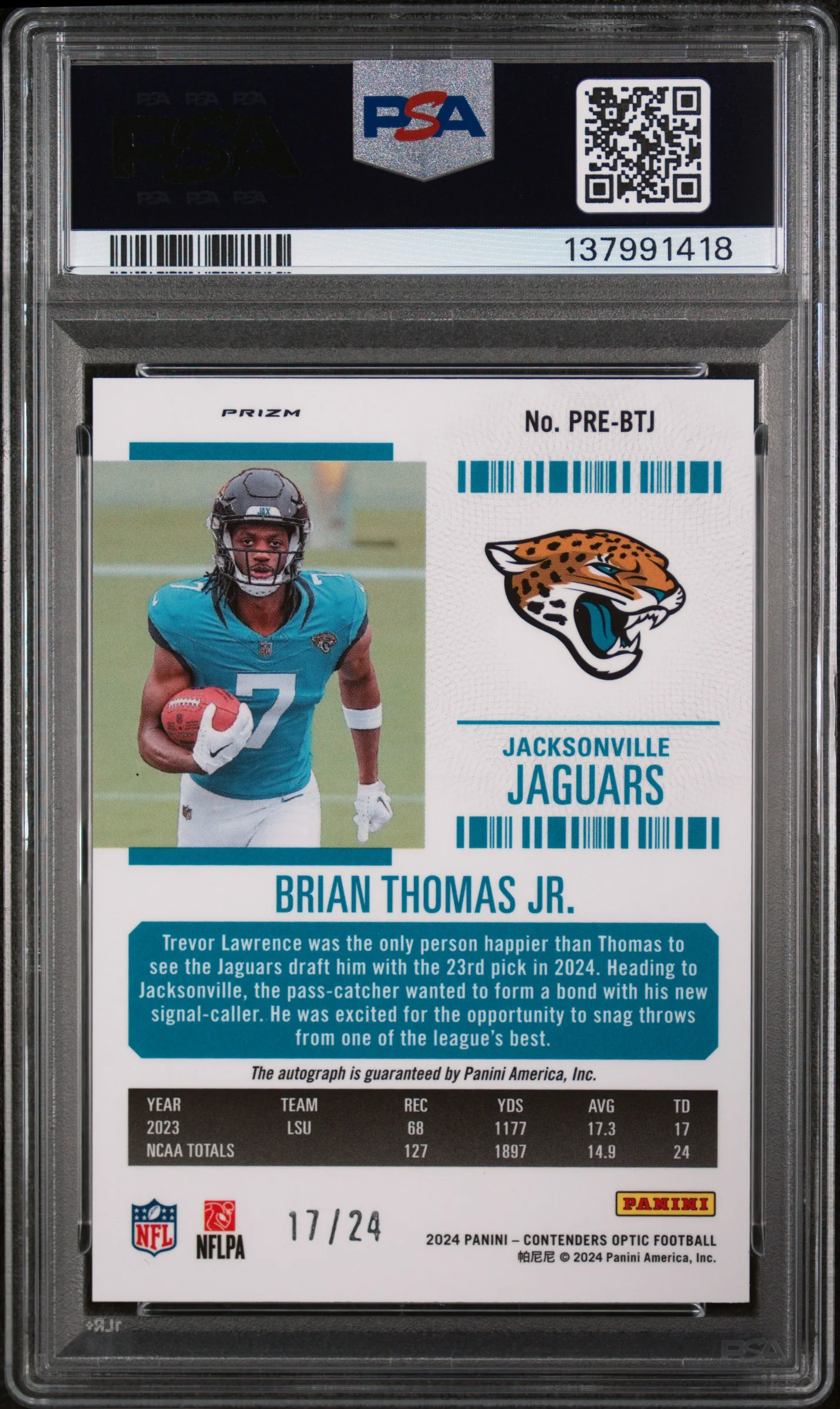 2024 Panini Zenith Contenders Optic Rookie Ticket Rps Preview Autographs Cor Tkt Rps Prev Auto-Red Brian Thomas Jr. #PREBTJ /24 PSA 9 - Image 2