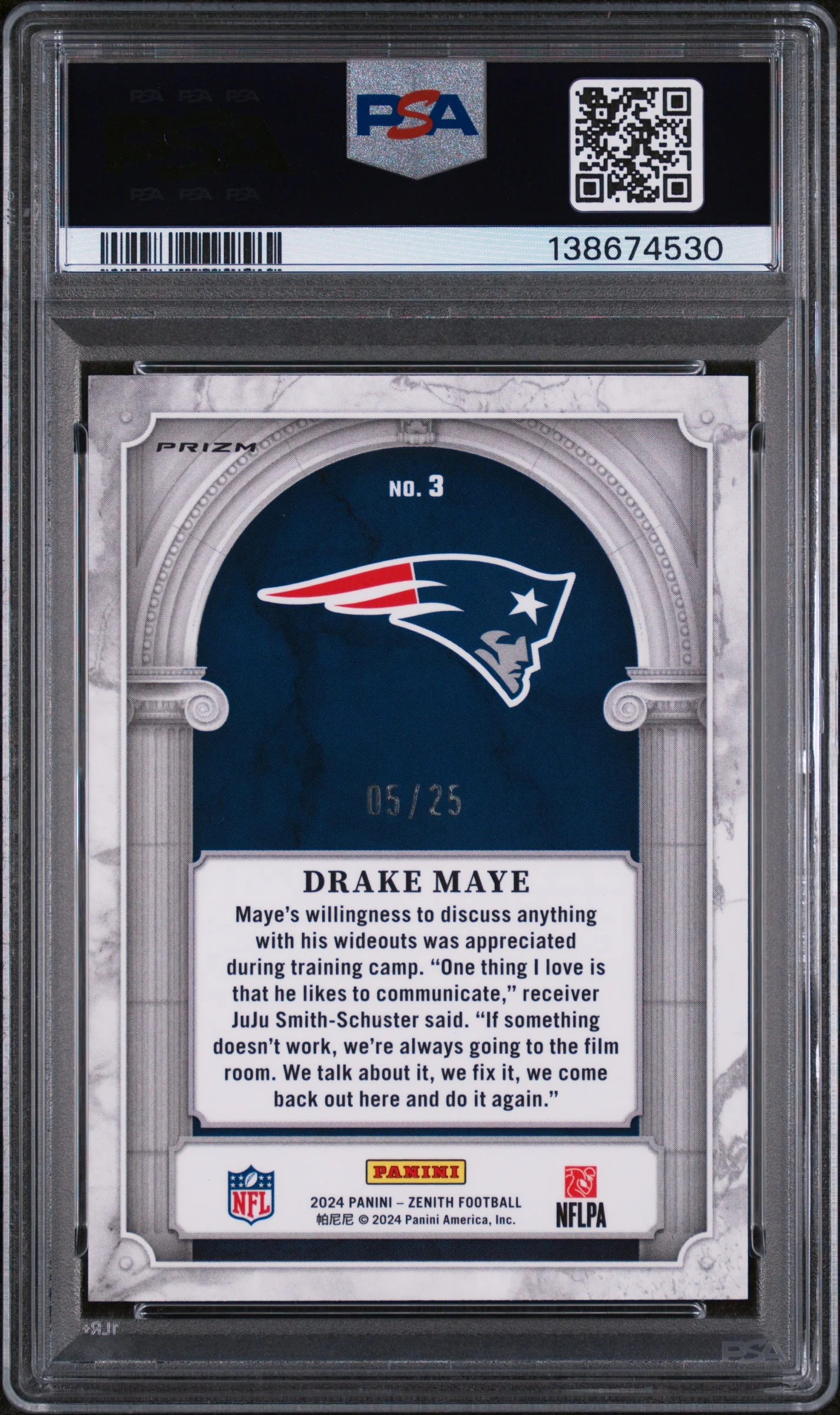 2024 Panini Zenith Z Marquee Blue Drake Maye #3 /25 PSA 8 - Image 2