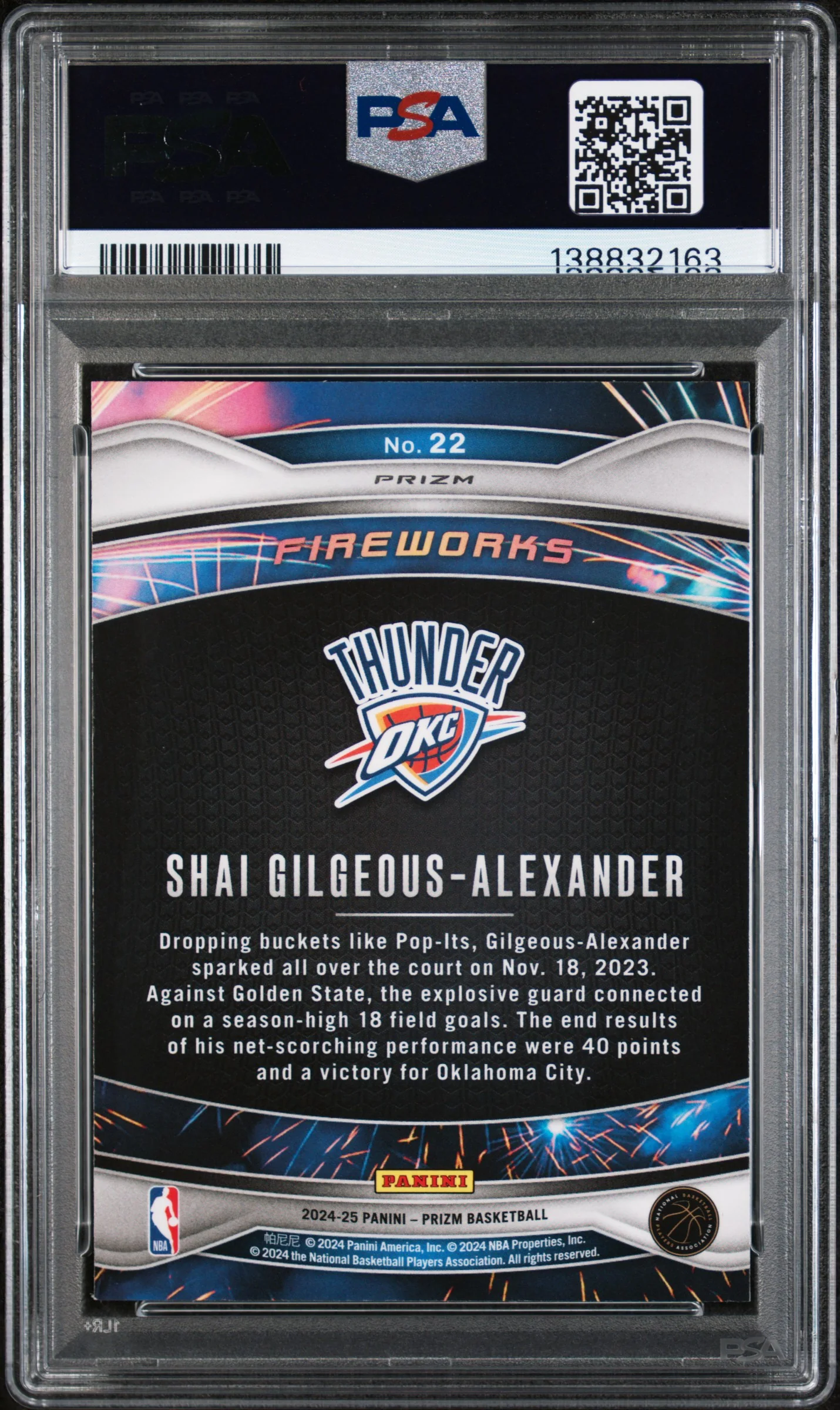 2024 Prizm Fireworks Prizms Fast Break Shai Gilgeous-Alexander #22 PSA 9 - Image 2