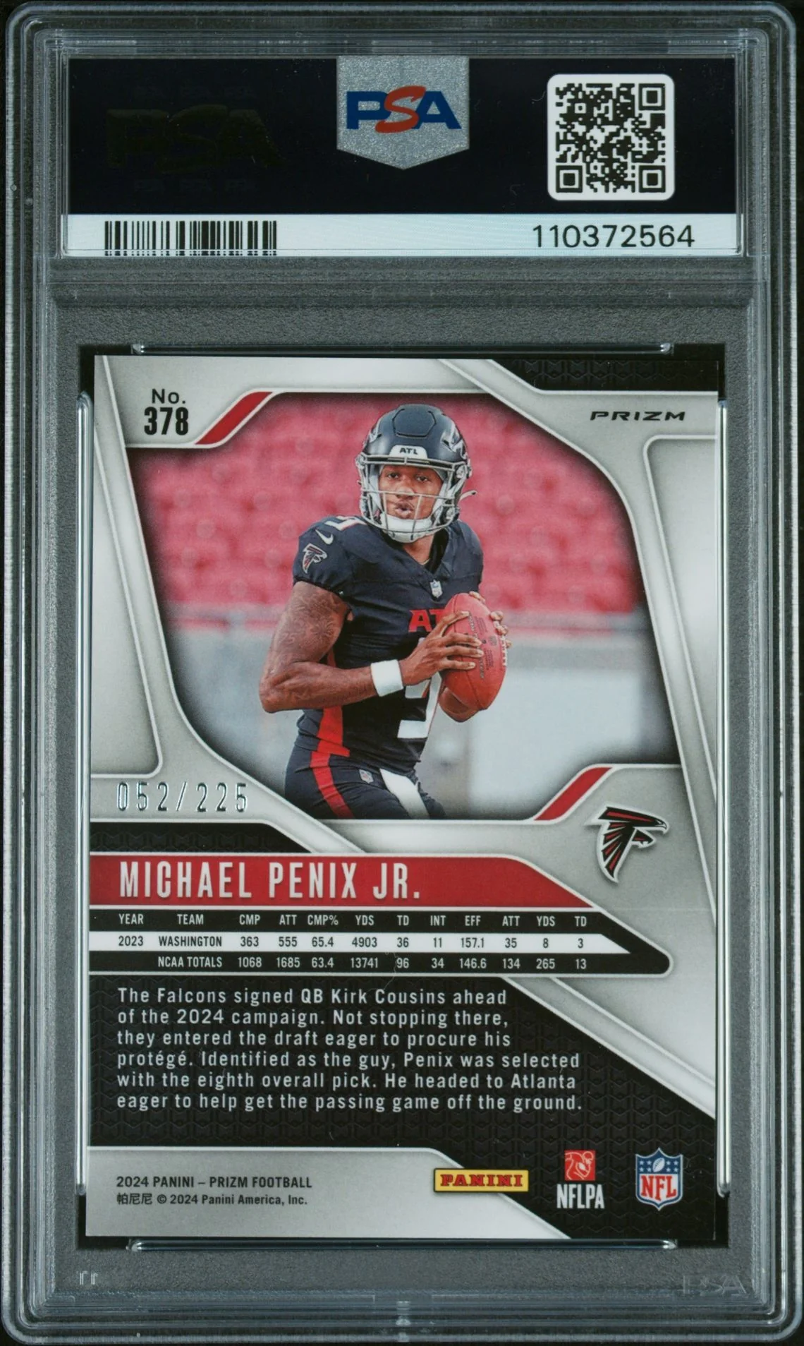 2024 Prizm Purple Ice Michael Penix Jr. #378 RC /225 PSA 10 - Image 2