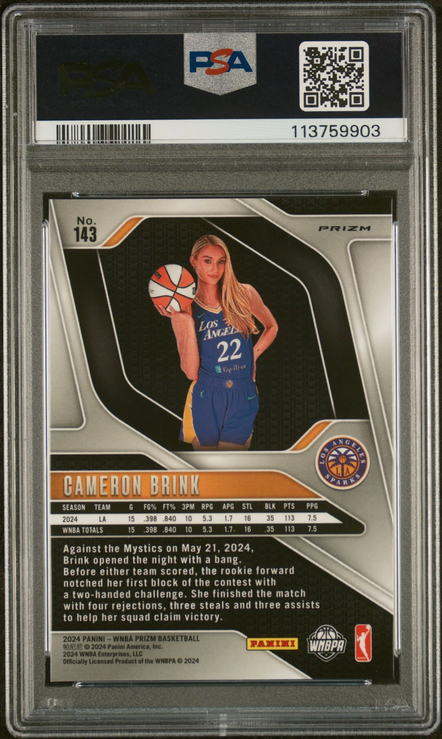 2024 Prizm Silver Prizm Cameron Brink #143 RC PSA 9 - Image 2